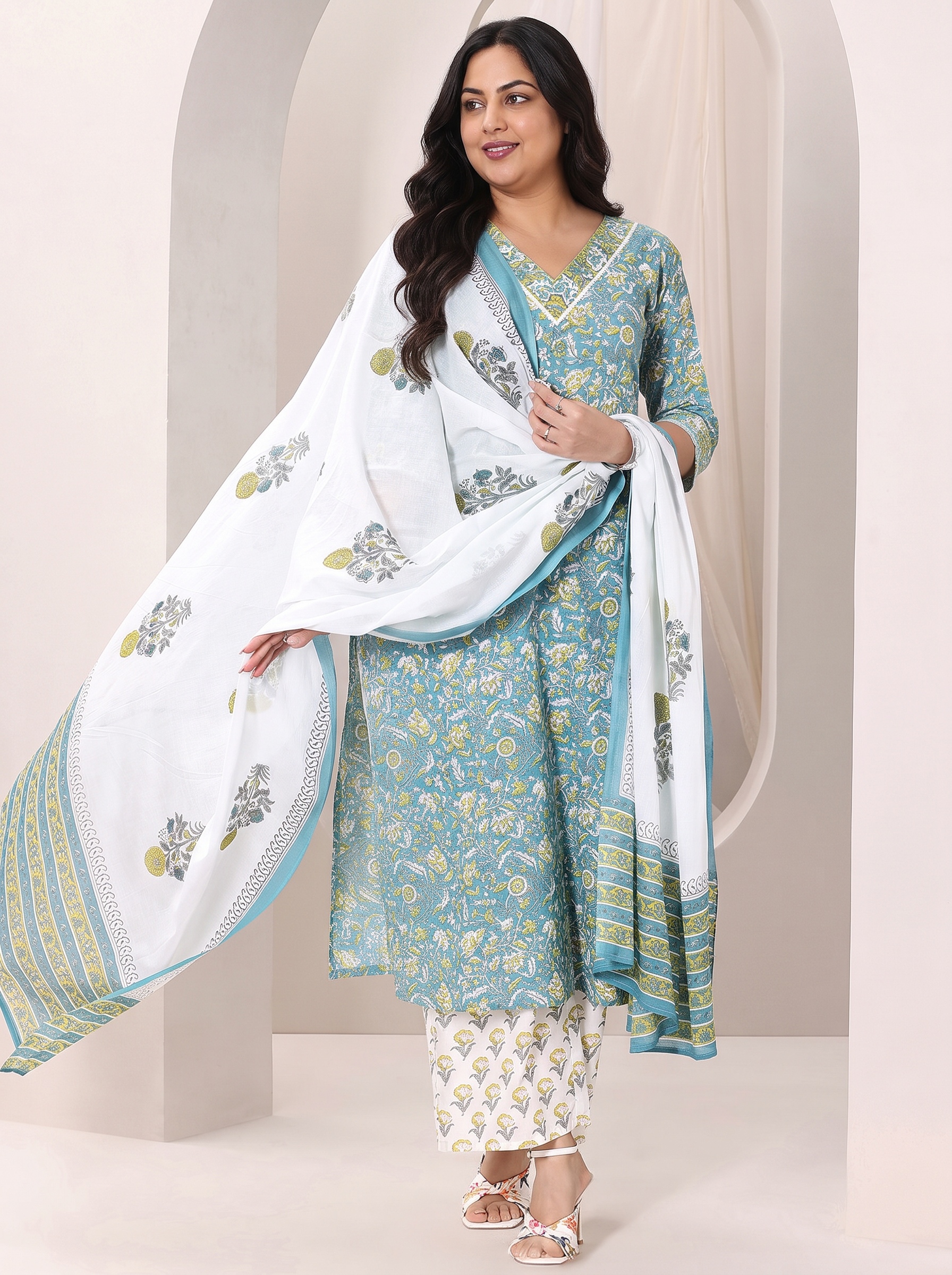 Teal Printed Cotton Kurta Set with Palazzo and Dupatta