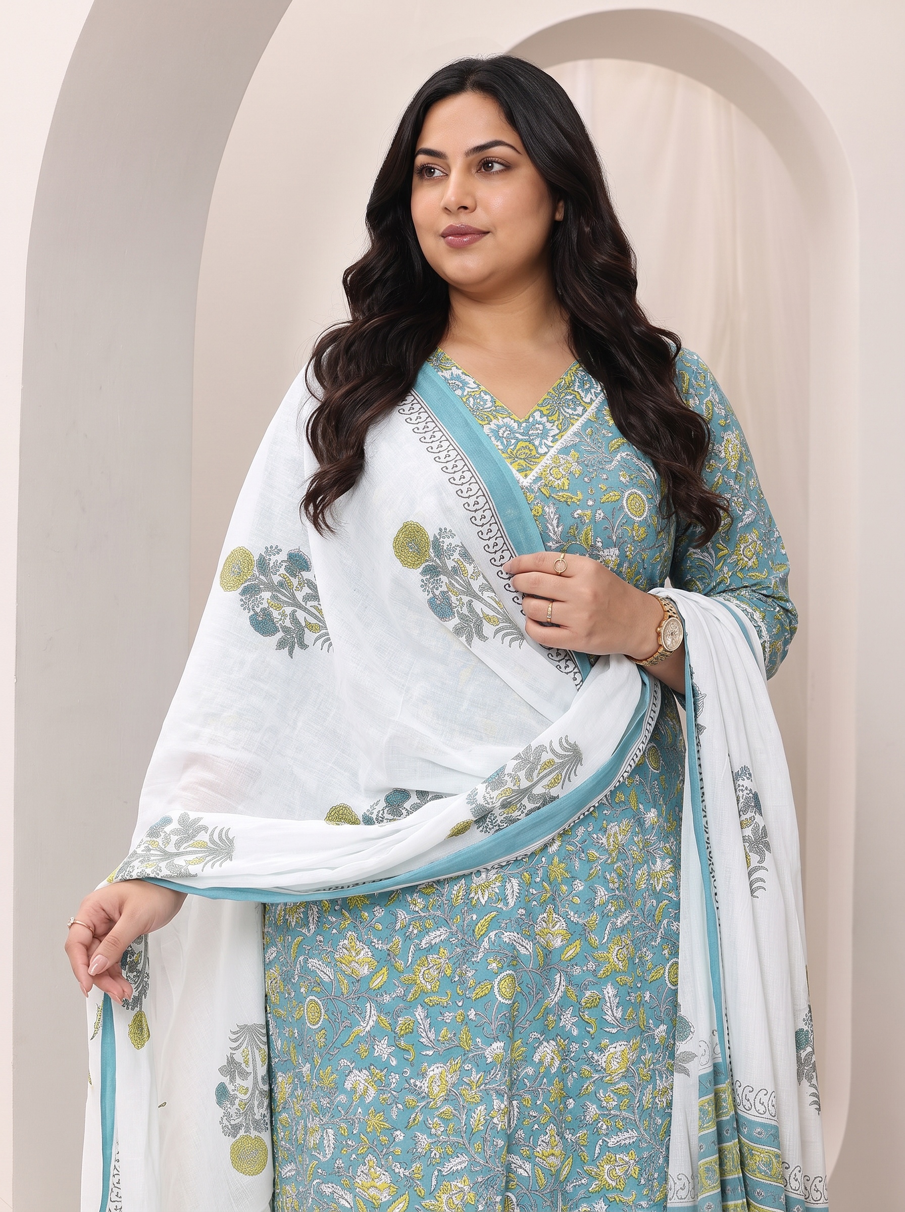 Teal Printed Cotton Kurta Set with Palazzo and Dupatta