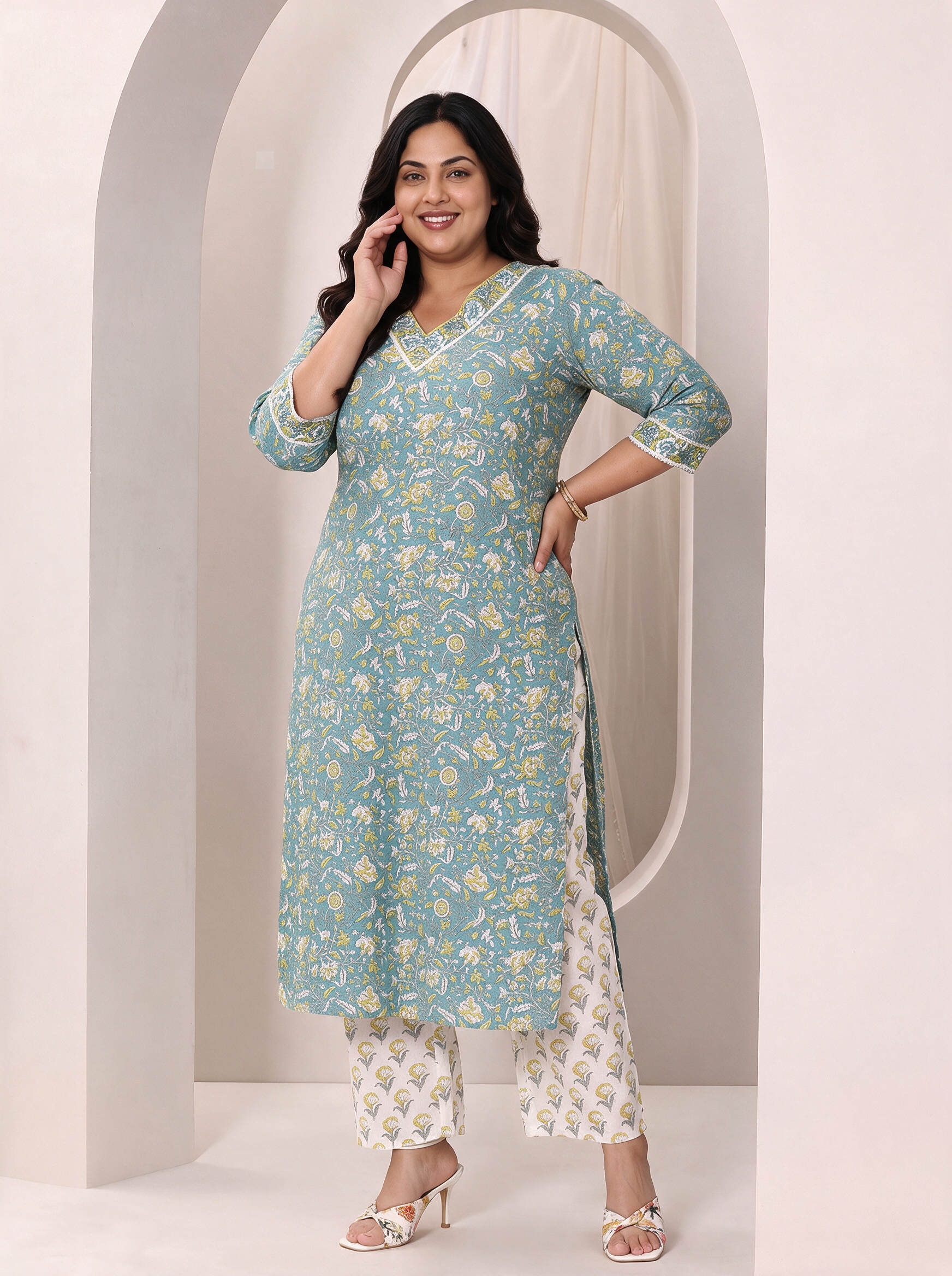 Teal Printed Cotton Kurta Set with Palazzo and Dupatta