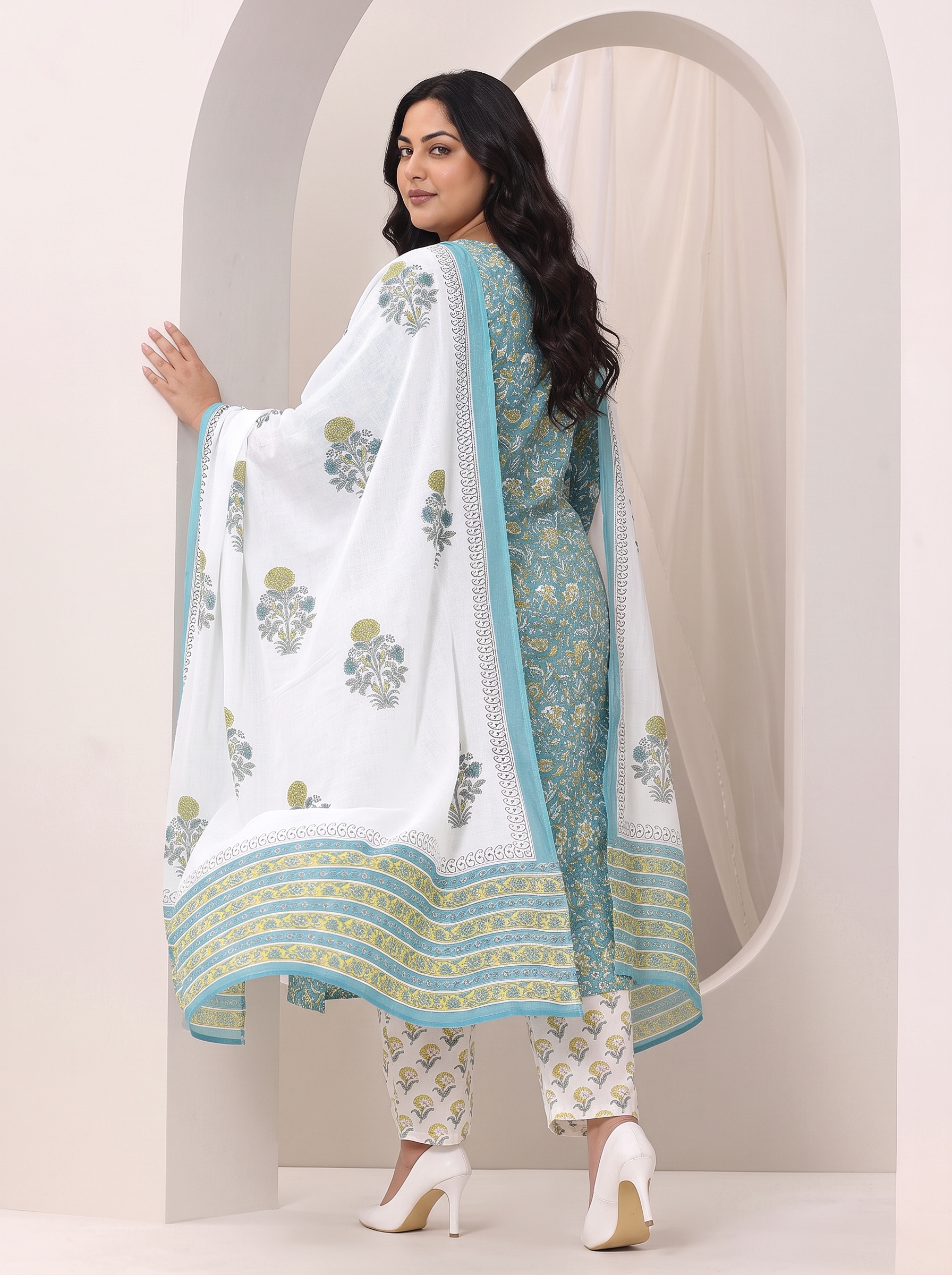 Teal Printed Cotton Kurta Set with Palazzo and Dupatta