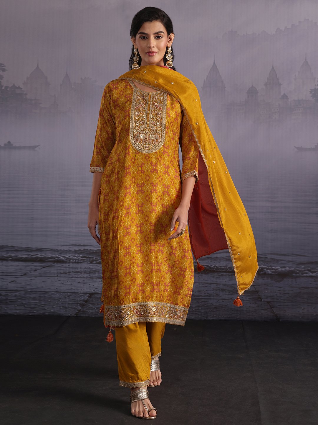 Mustard Ikat Silk Blend Kurta Set with Dupatta and Trousers