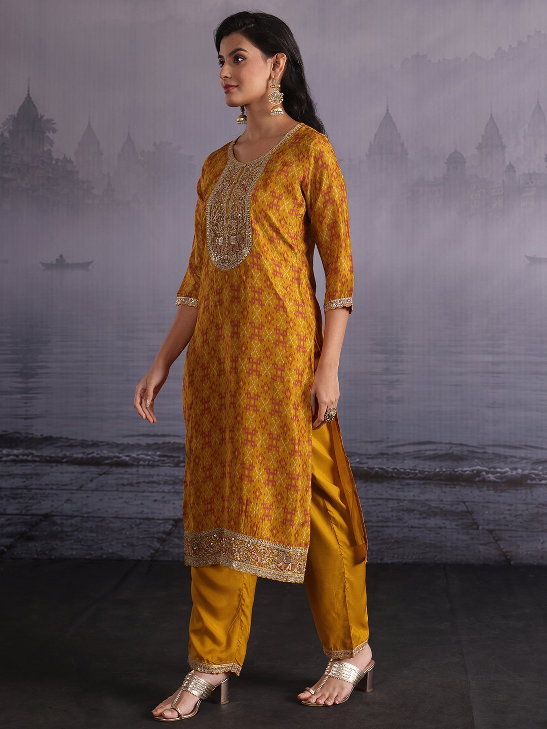 Mustard Ikat Silk Blend Kurta Set with Dupatta and Trousers