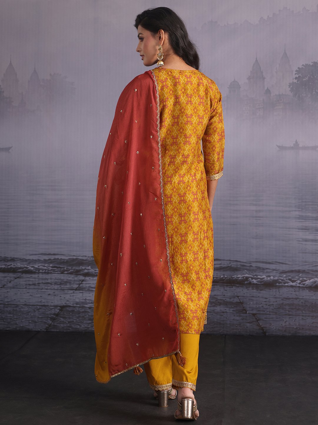 Mustard Ikat Silk Blend Kurta Set with Dupatta and Trousers