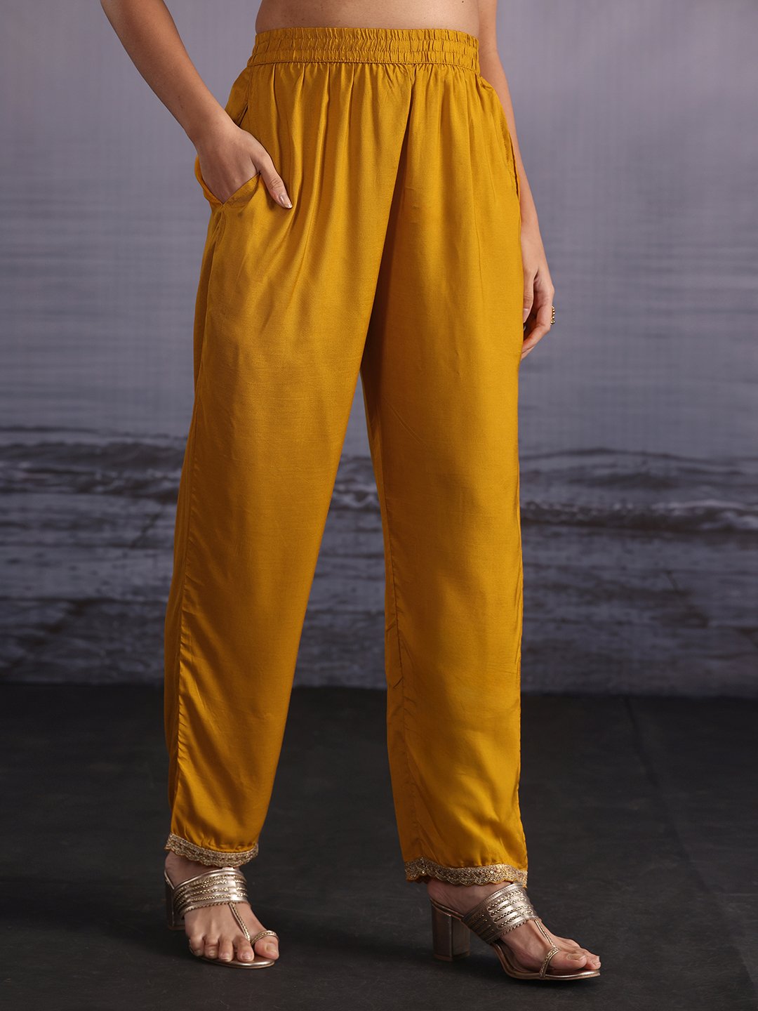 Mustard Ikat Silk Blend Kurta Set with Dupatta and Trousers