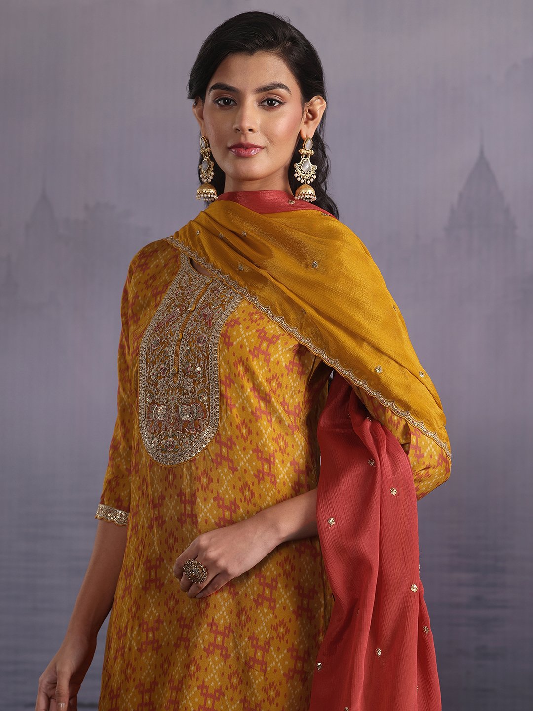 Mustard Ikat Silk Blend Kurta Set with Dupatta and Trousers