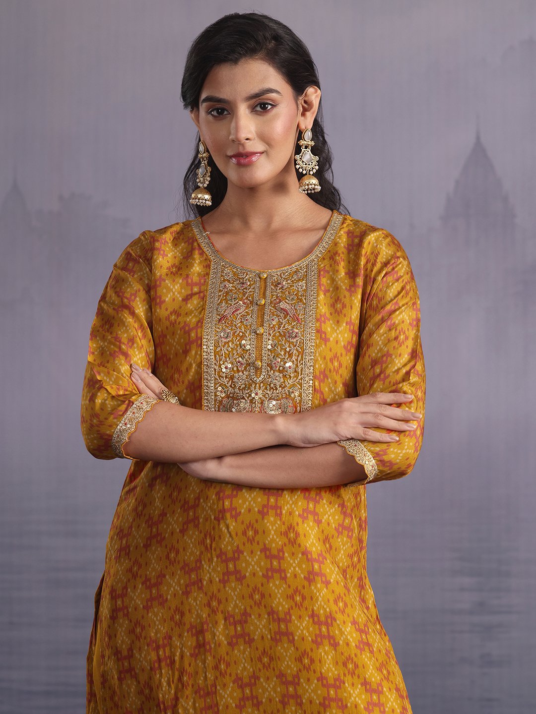 Mustard Ikat Silk Blend Kurta Set with Dupatta and Trousers