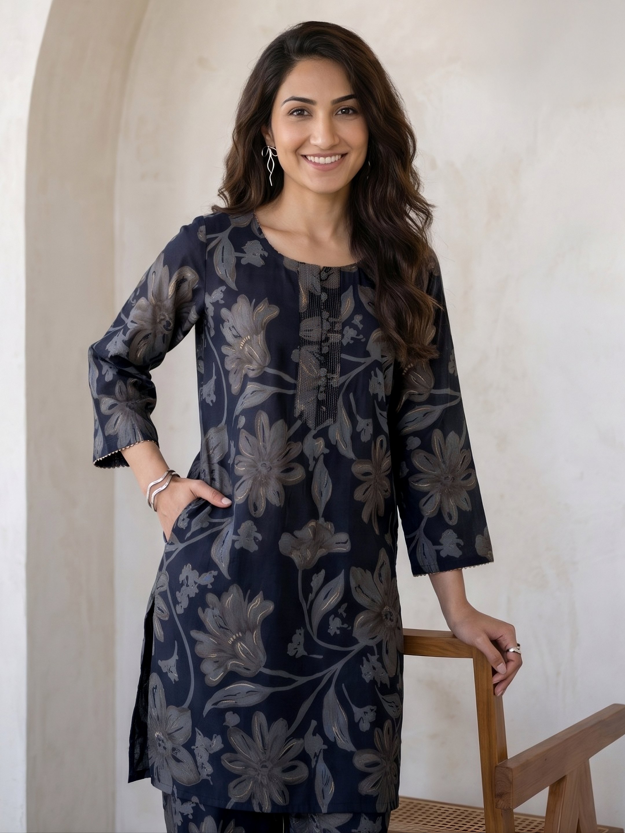 Navy Blue Floral Print Co-ord Set with Straight Pants