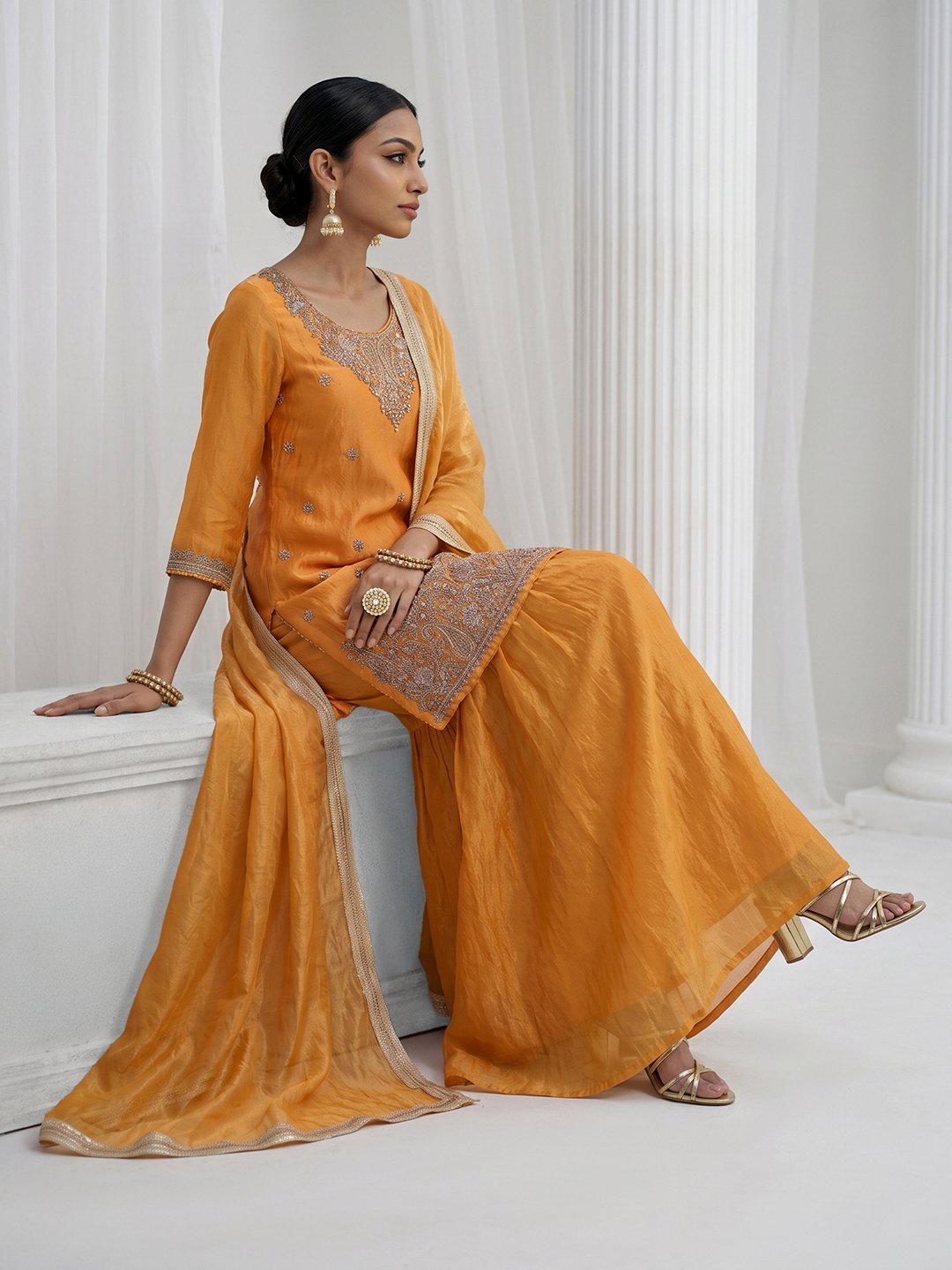 Orange Embroidered Sharara Set with Dupatta