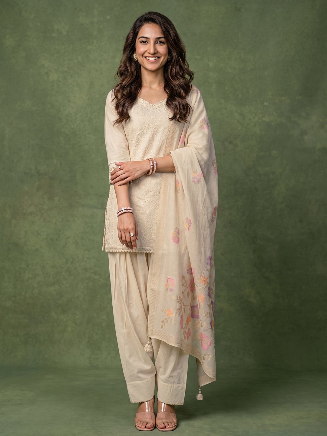 Off-White Cotton Embroidered Kurta Set with Dupatta