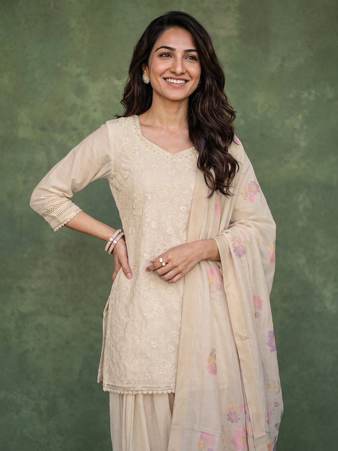 Off-White Cotton Embroidered Kurta Set with Dupatta
