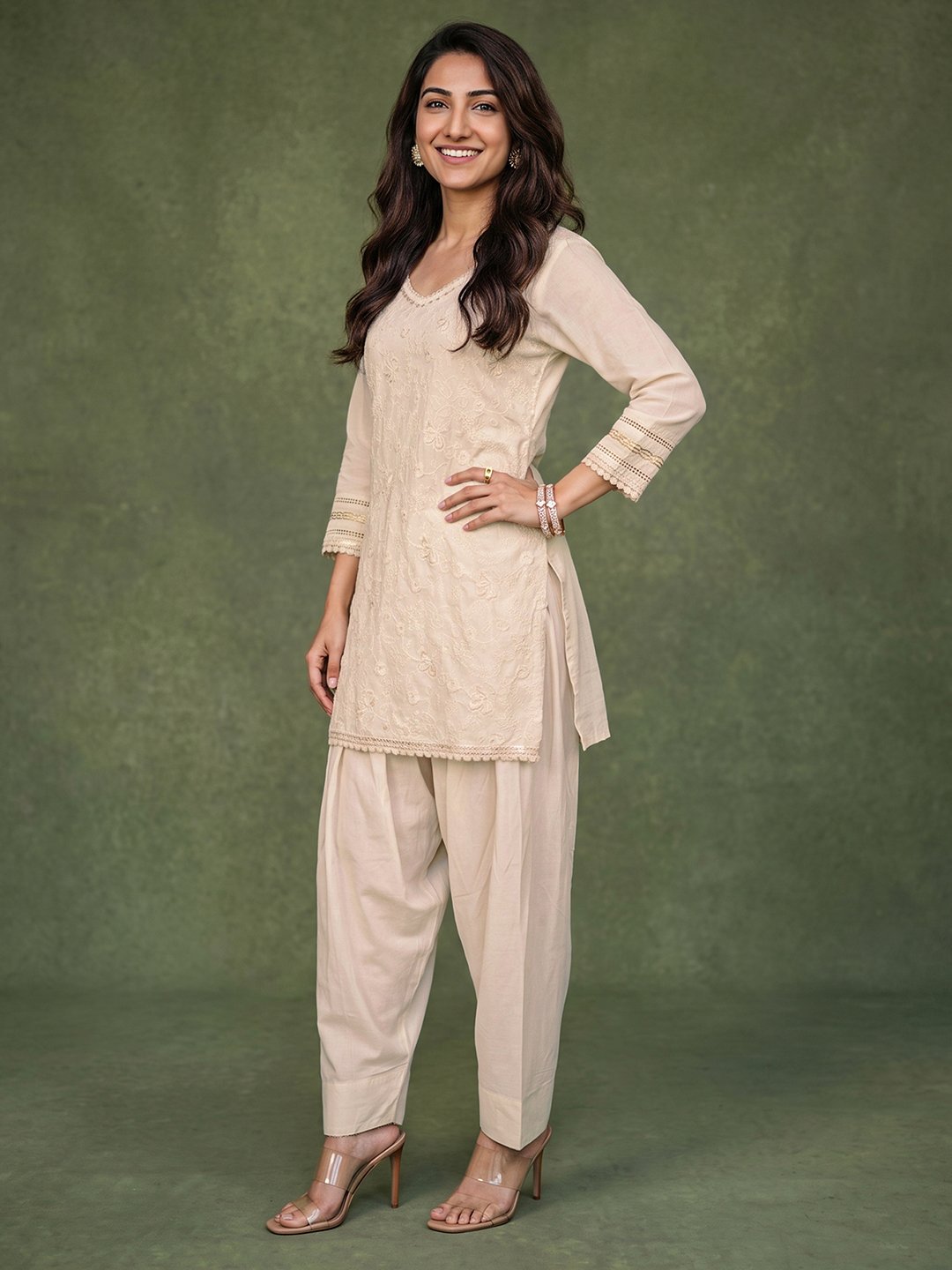 Off-White Cotton Embroidered Kurta Set with Dupatta