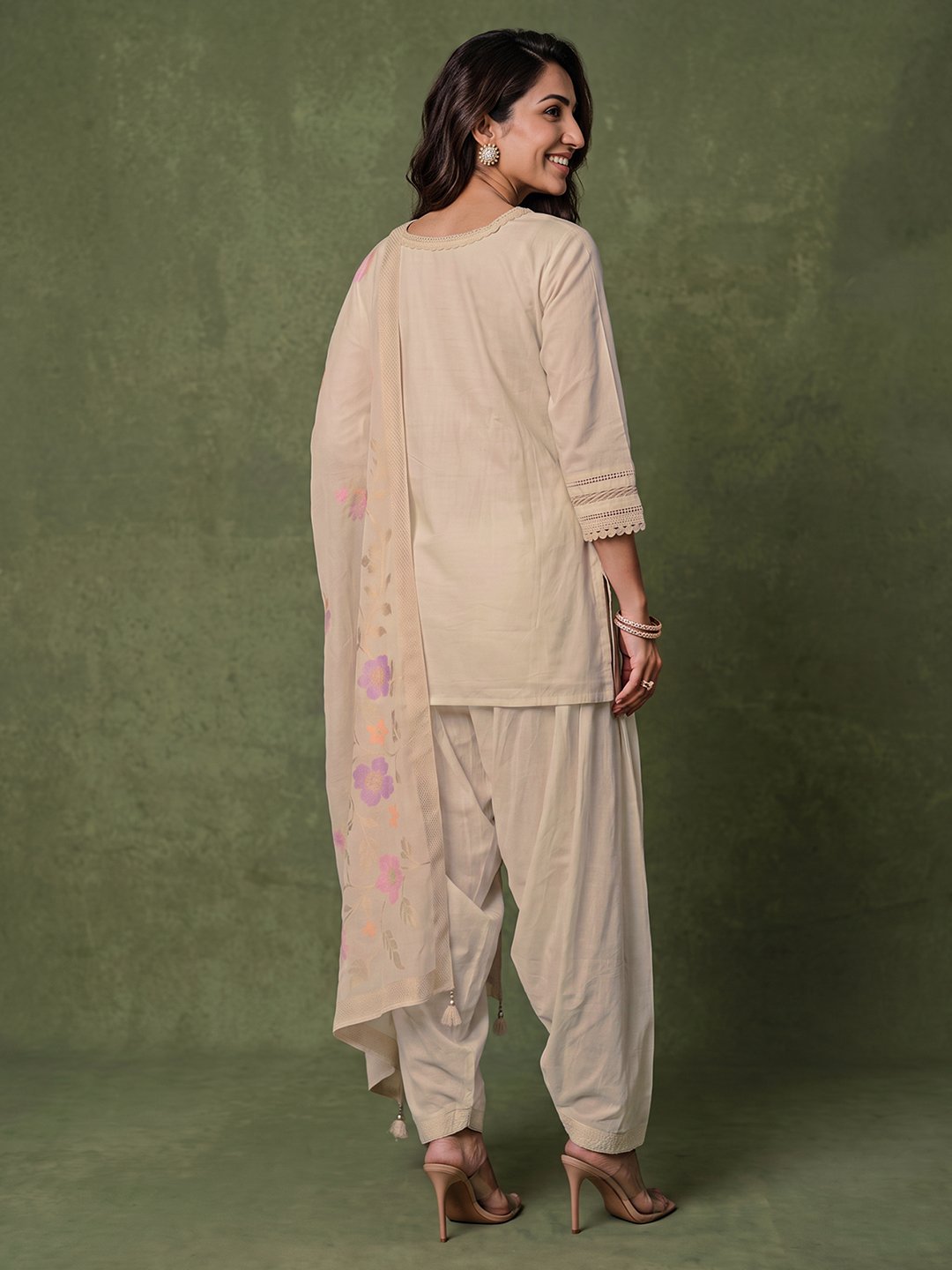 Off-White Cotton Embroidered Kurta Set with Dupatta