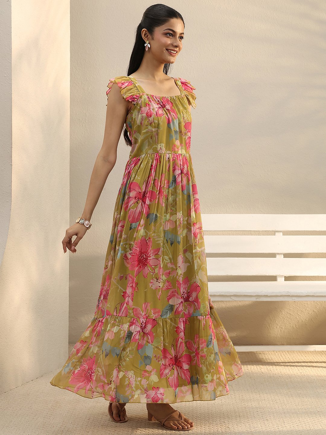 Green Floral Chiffon Maxi Dress with Square Neck