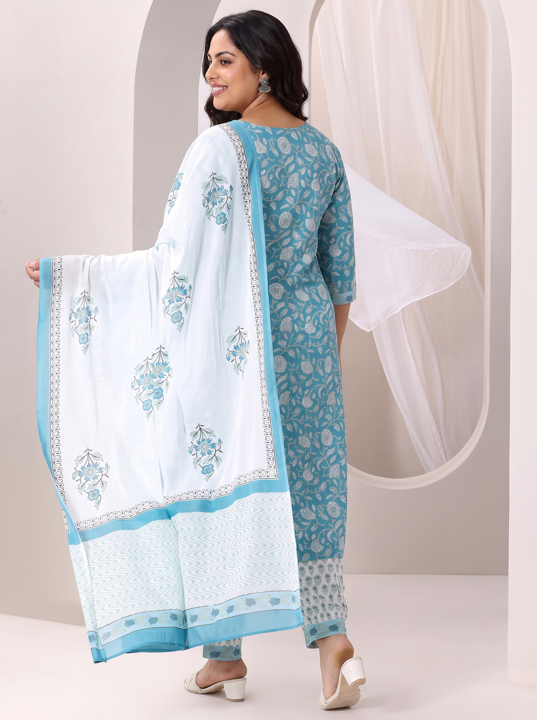 Blue Floral Print Cotton Kurta Set with Salwar and Dupatta