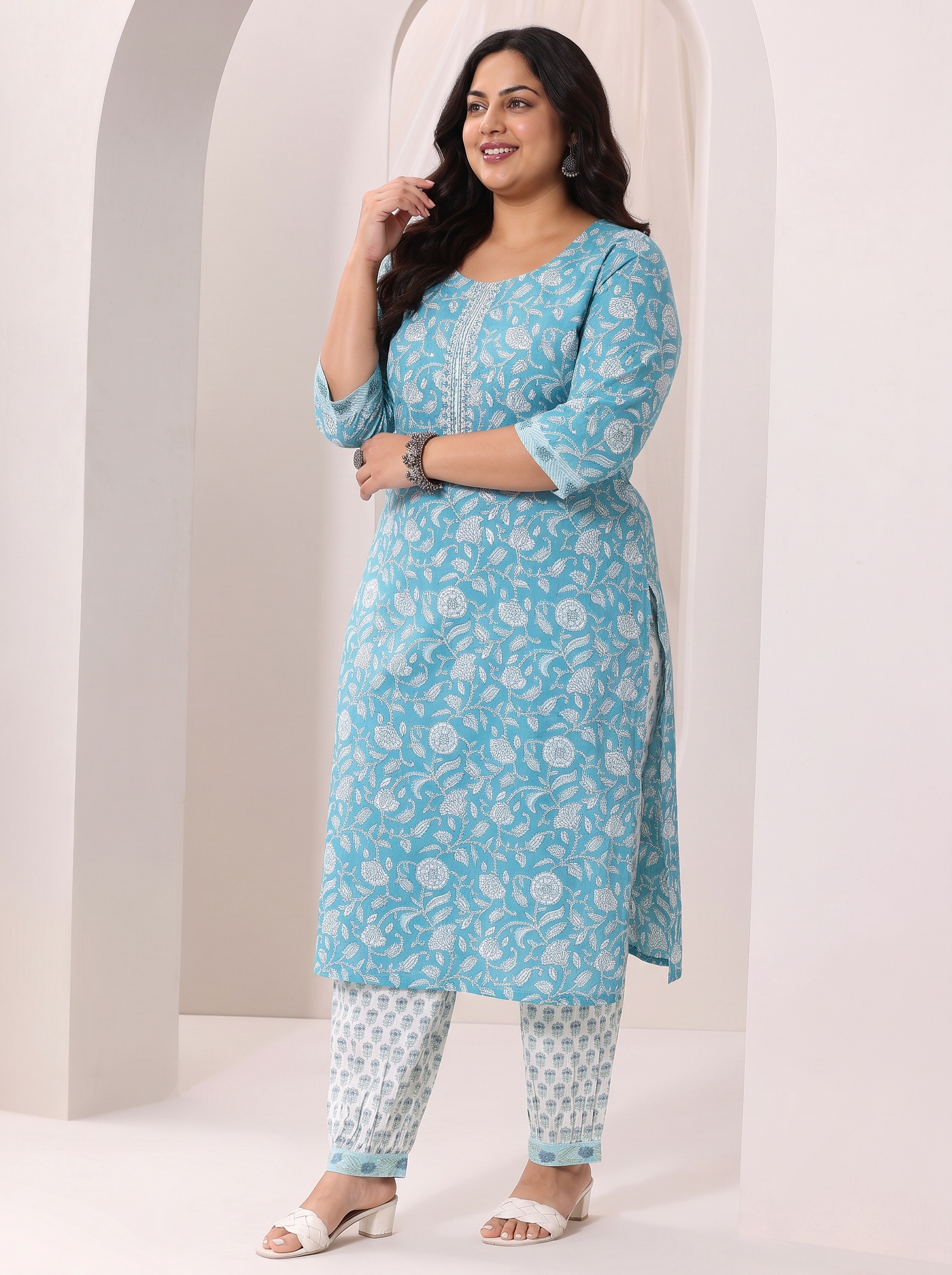 Blue Floral Print Cotton Kurta Set with Salwar and Dupatta