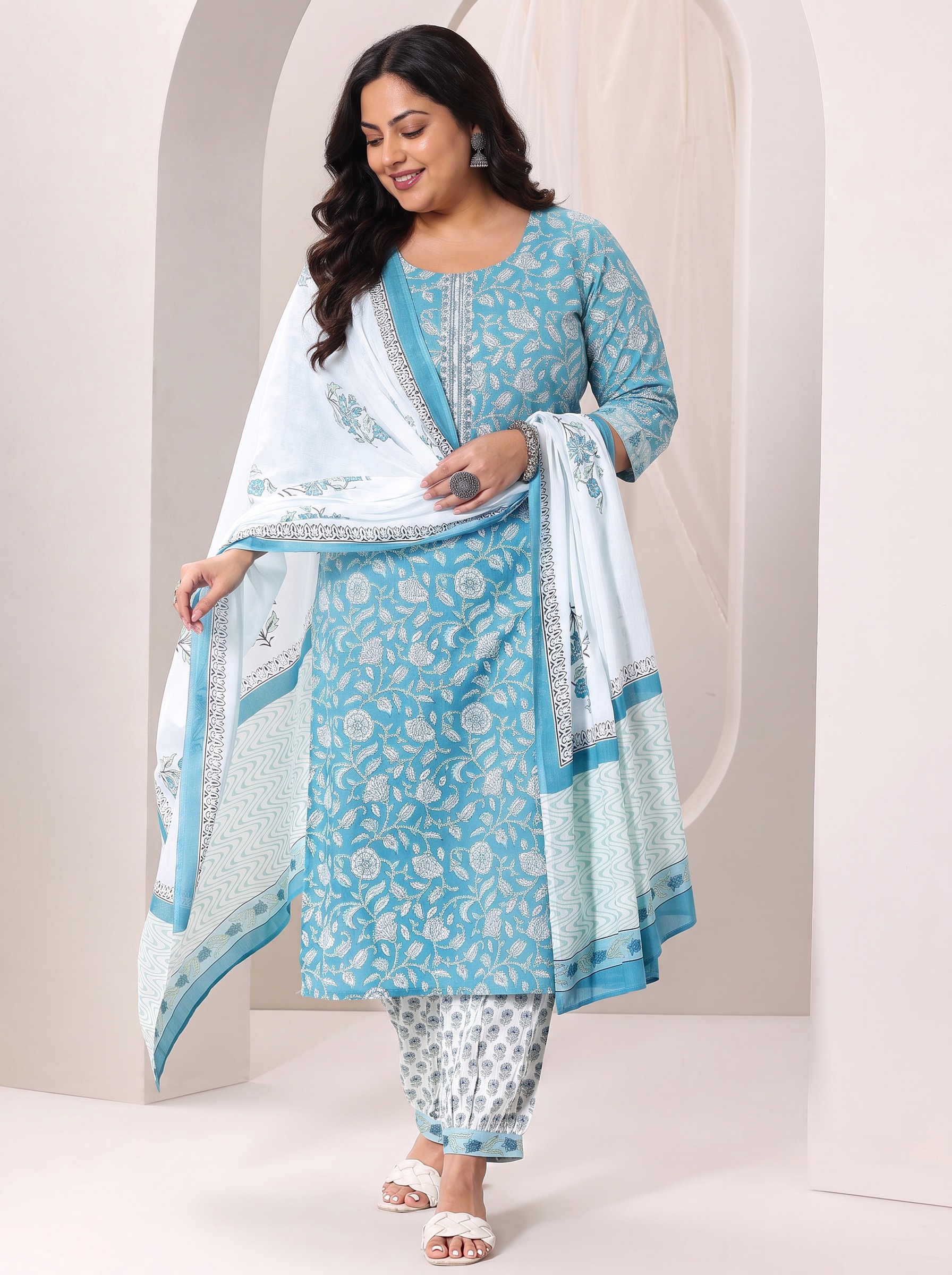 Blue Floral Print Cotton Kurta Set with Salwar and Dupatta