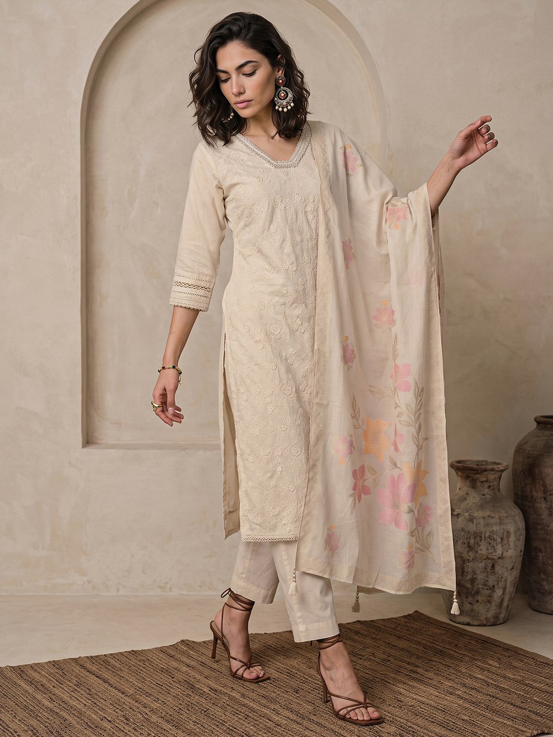 Off-White Embroidered Kurta Set with Floral Dupatta