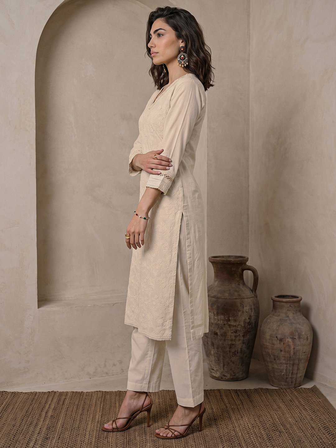 Off-White Embroidered Kurta Set with Floral Dupatta