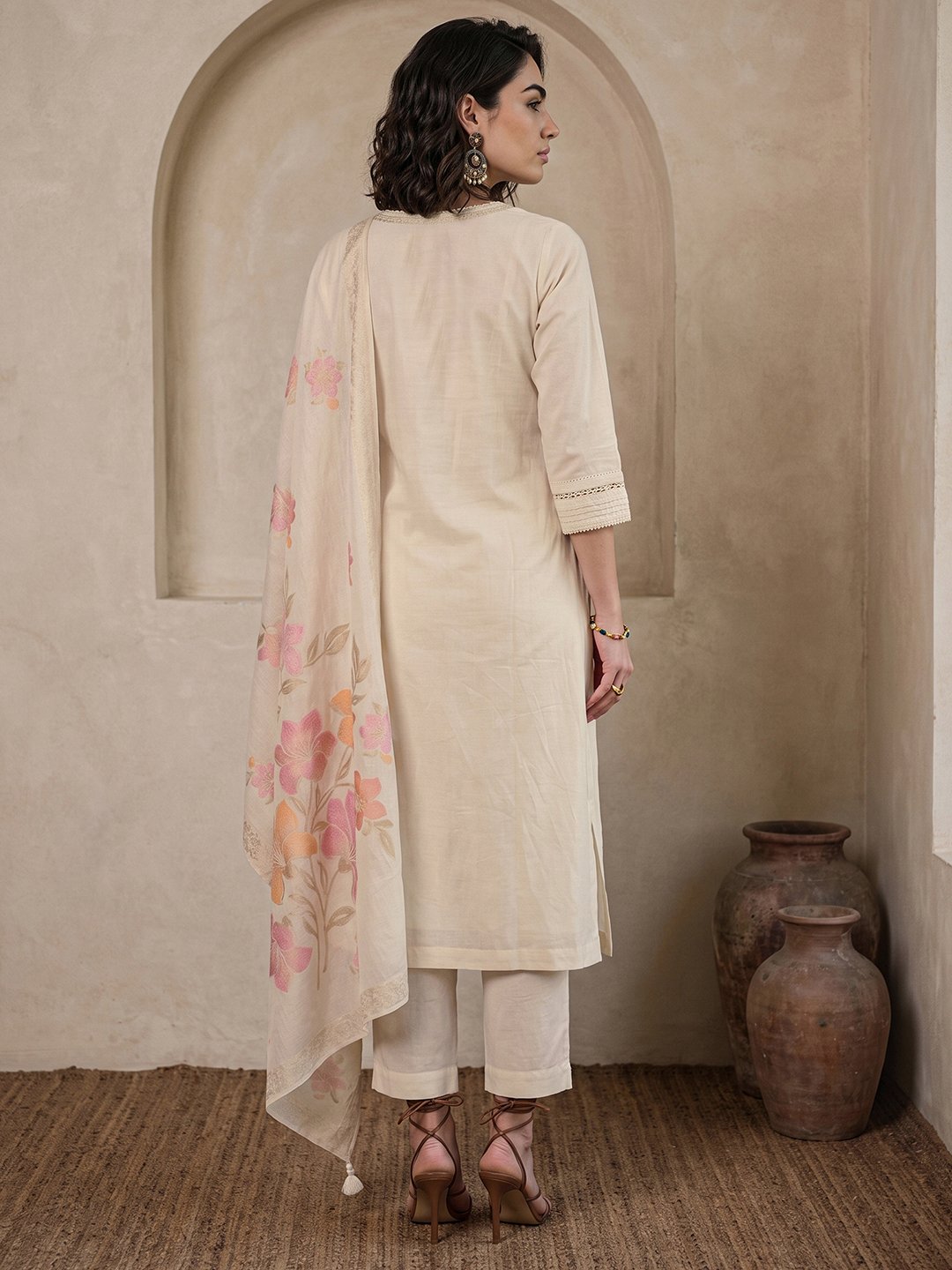 Off-White Embroidered Kurta Set with Floral Dupatta