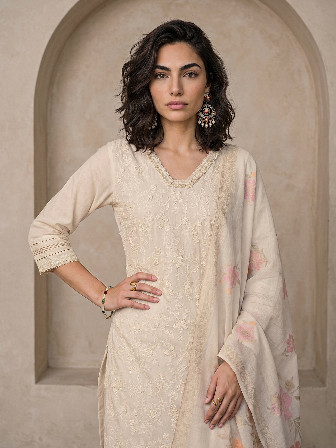 Off-White Embroidered Kurta Set with Floral Dupatta