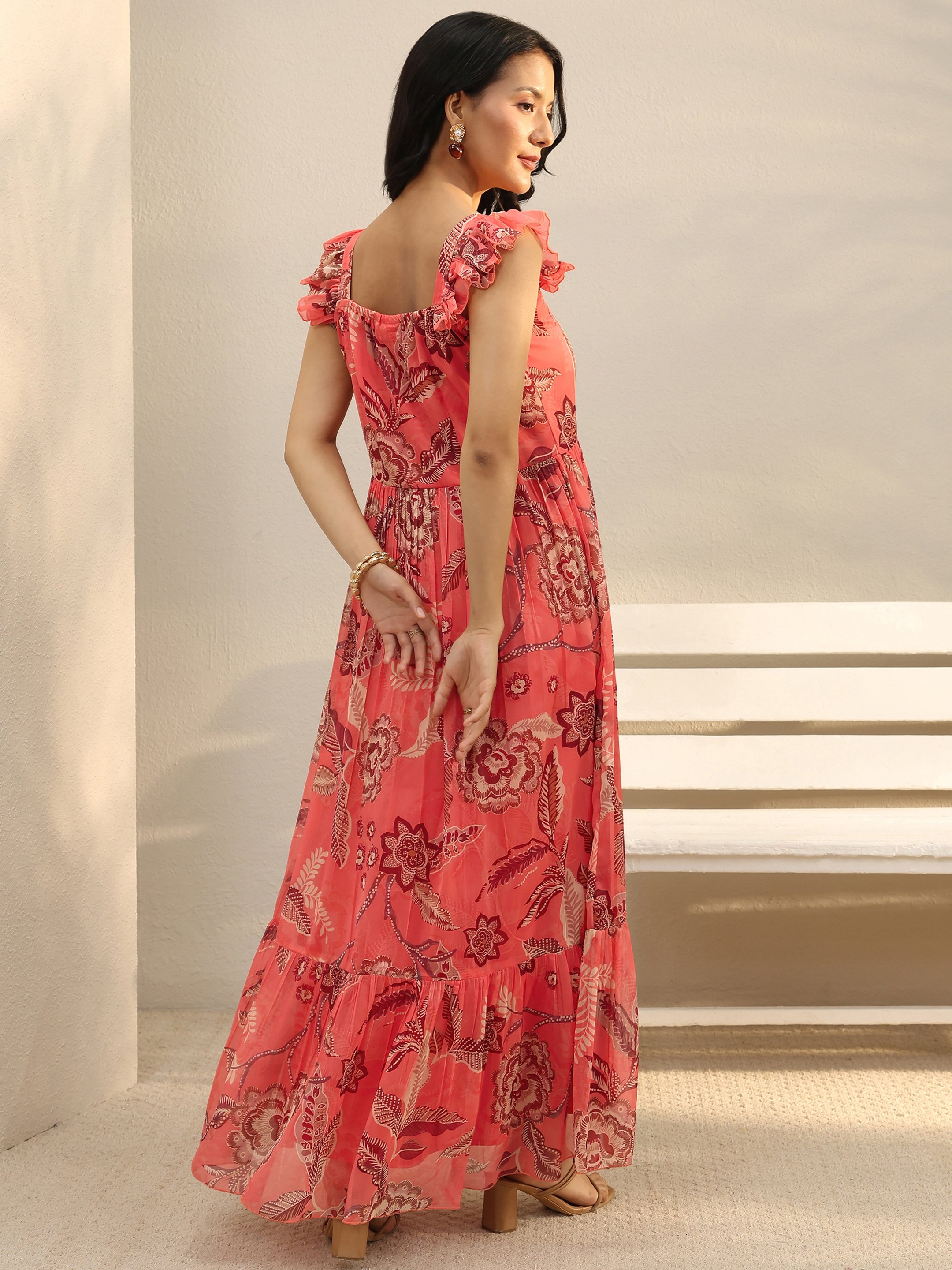 Peach Floral Printed Chiffon Maxi Dress with Ruffled Sleeves and Square Neck