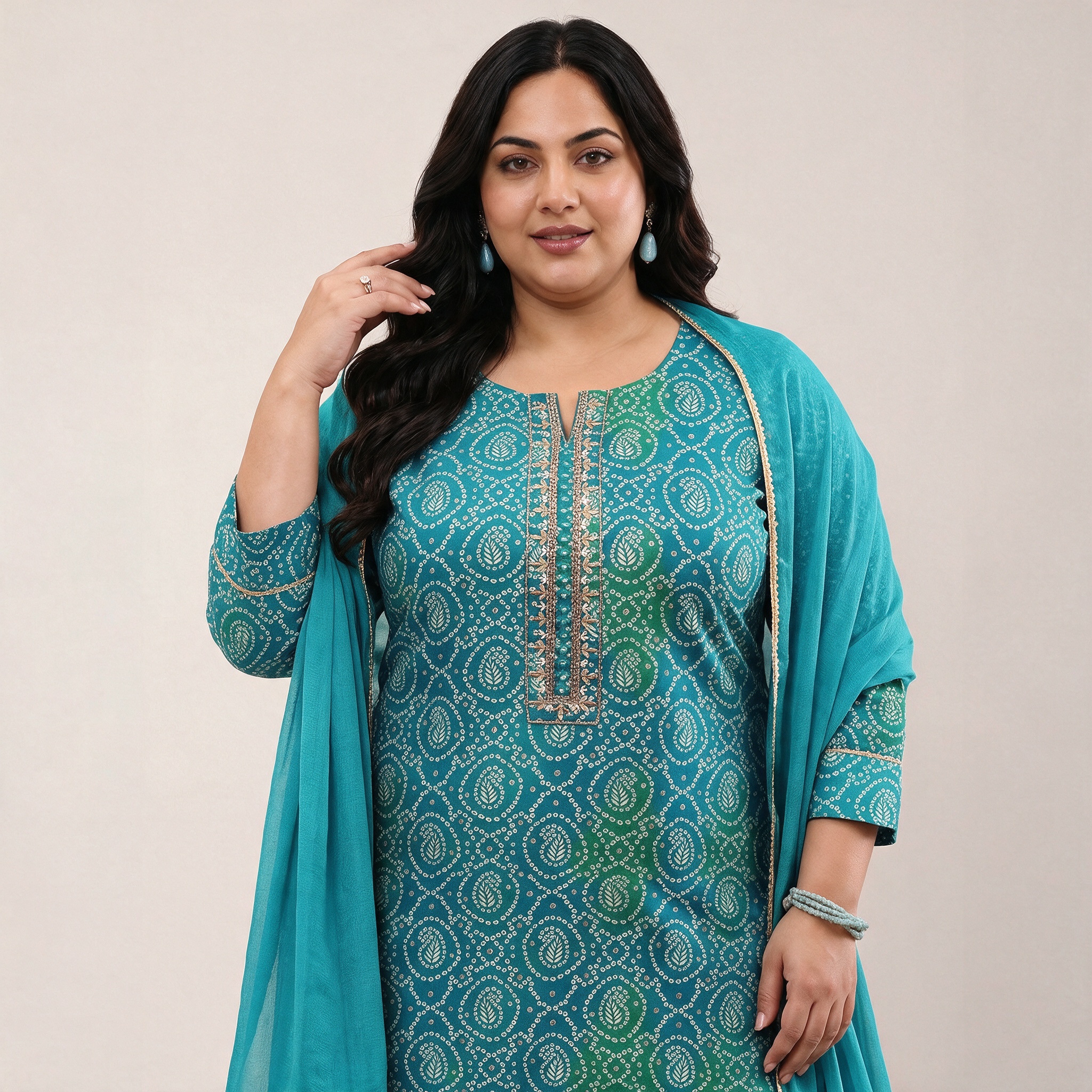 Blue Printed Sweetheart Neck Kurta Set with Trousers and Dupatta