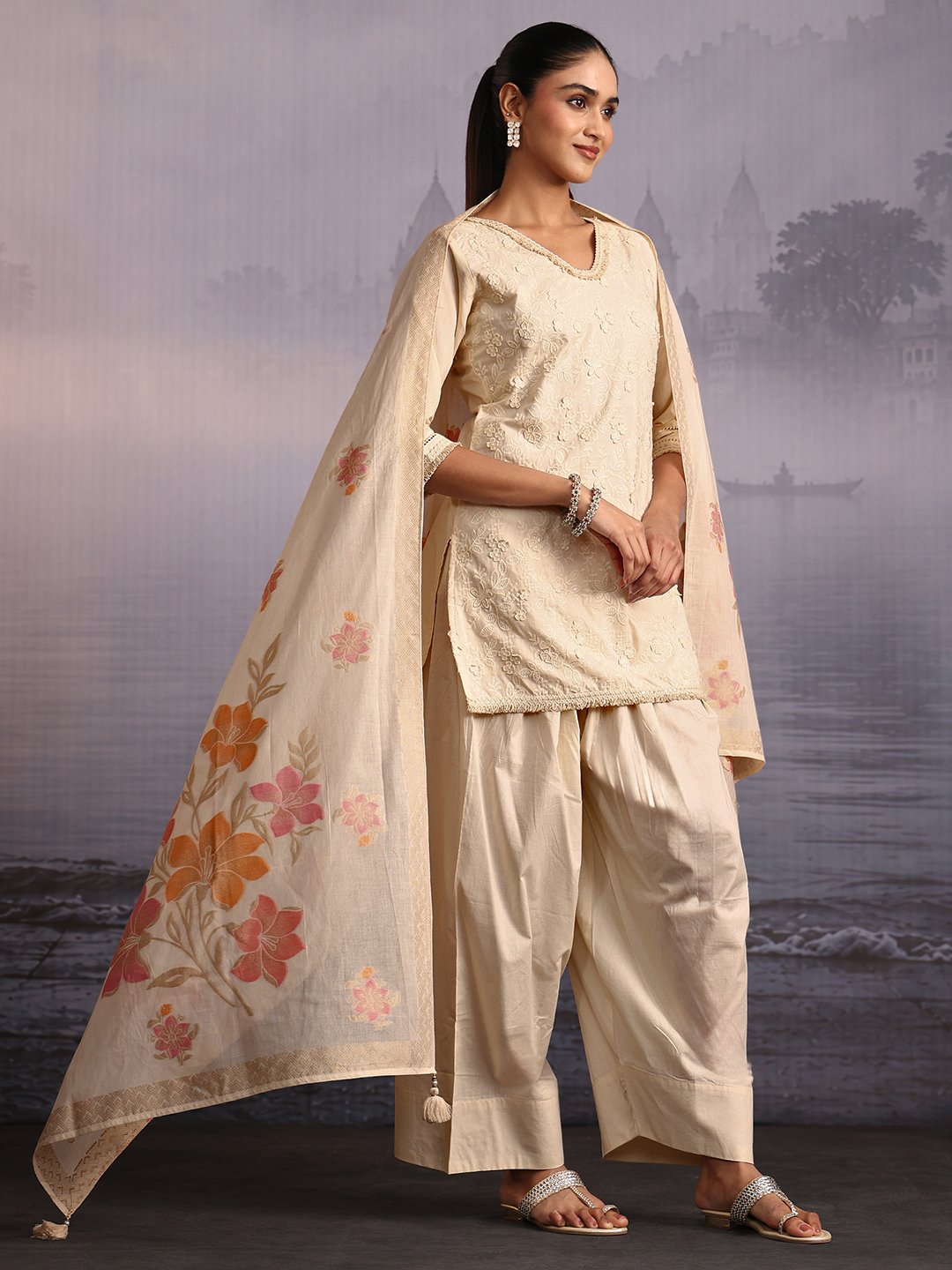 Off White Embroidered Cotton Kurta Set with Dupatta and Straight Pants