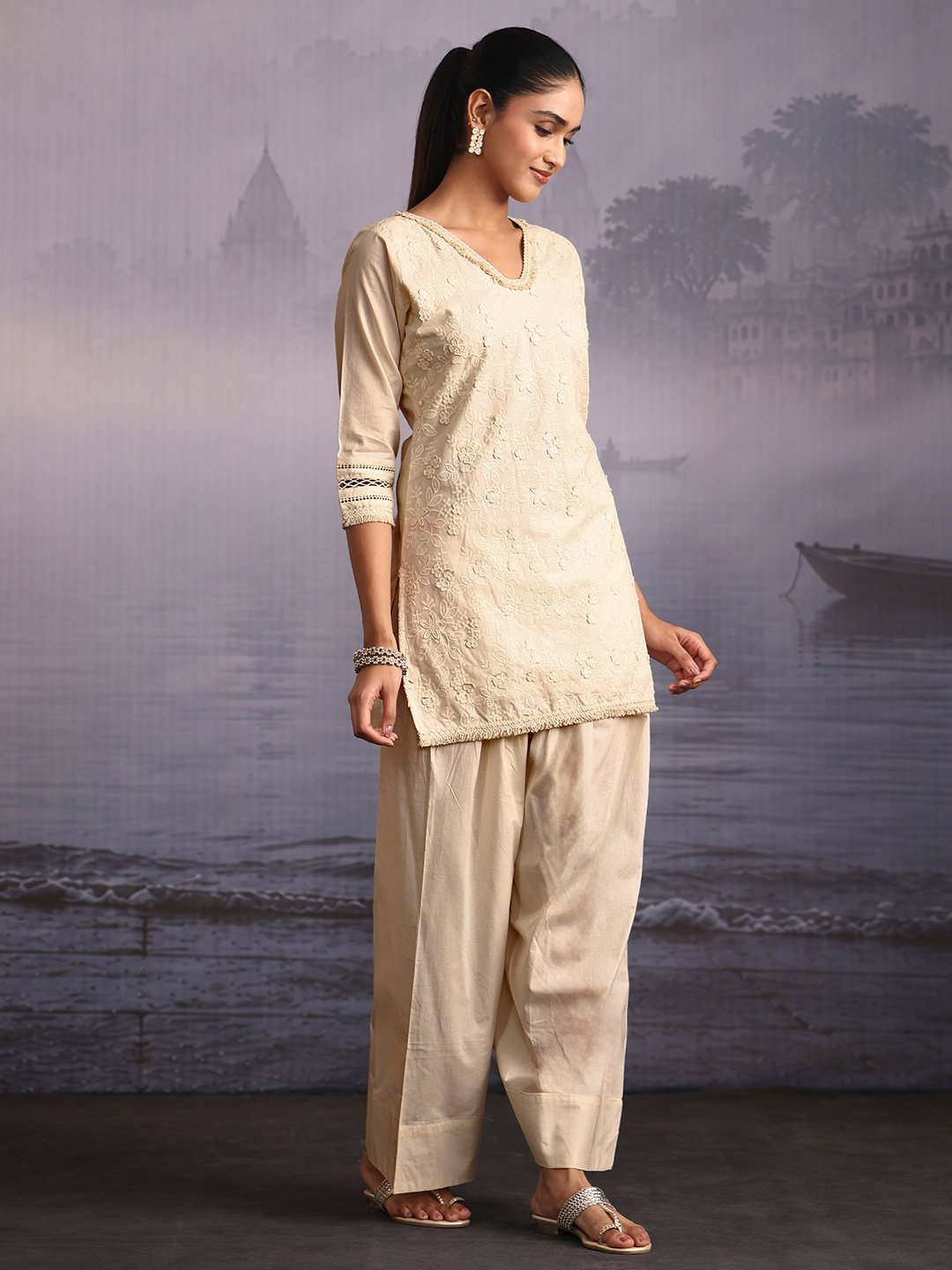 Off White Embroidered Cotton Kurta Set with Dupatta and Straight Pants