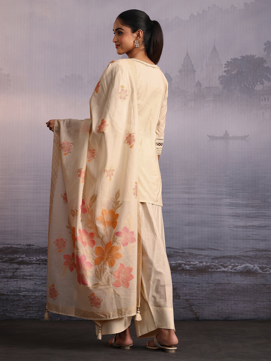 Off White Embroidered Cotton Kurta Set with Dupatta and Straight Pants