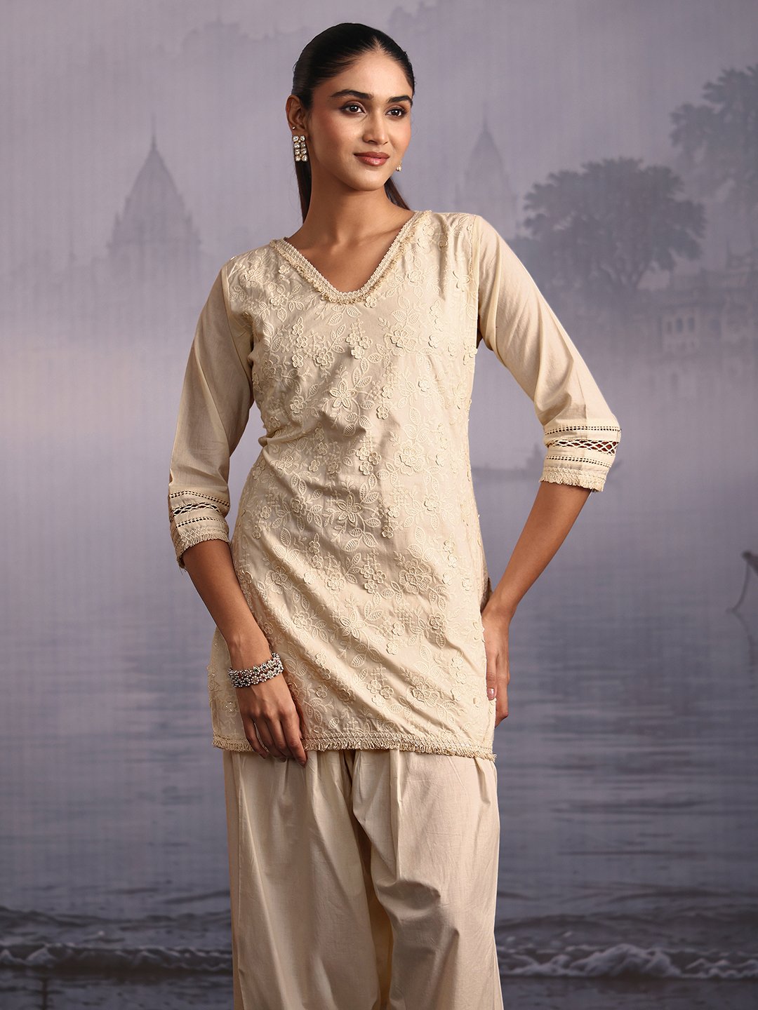 Off White Embroidered Cotton Kurta Set with Dupatta and Straight Pants