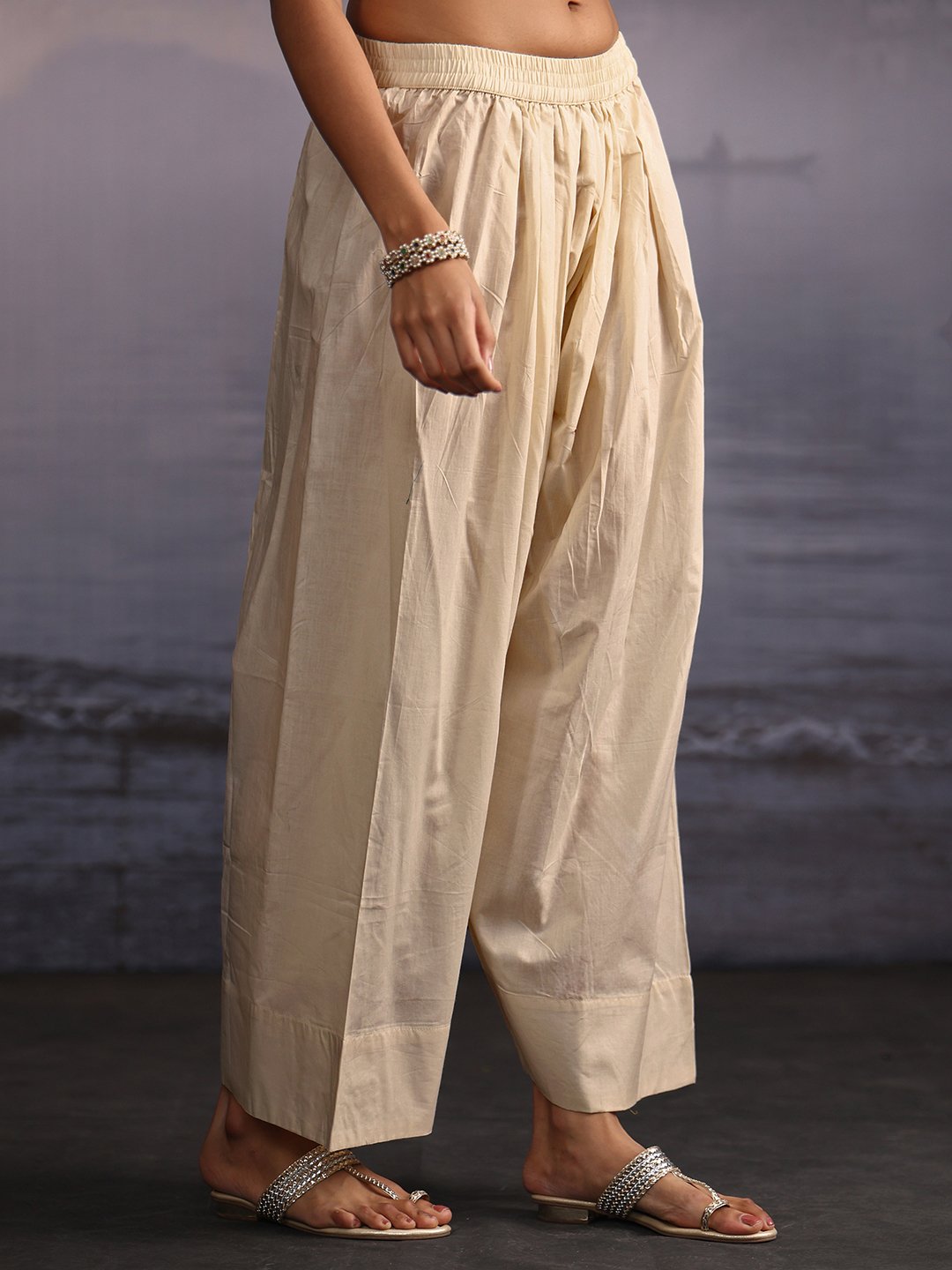 Off White Embroidered Cotton Kurta Set with Dupatta and Straight Pants