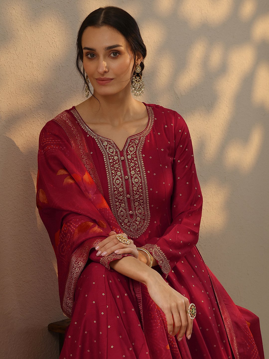 Red Silk Blend Embellished Gown with Notch Neck and Long Sleeves