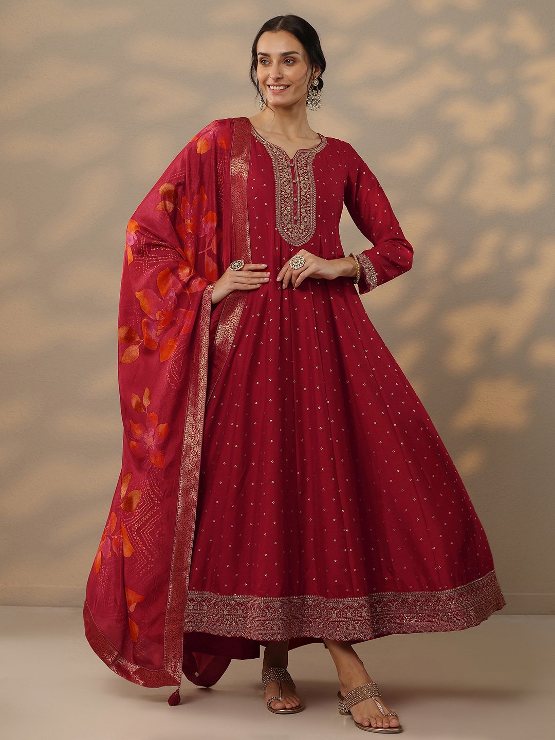 Red Silk Blend Embellished Gown with Notch Neck and Long Sleeves