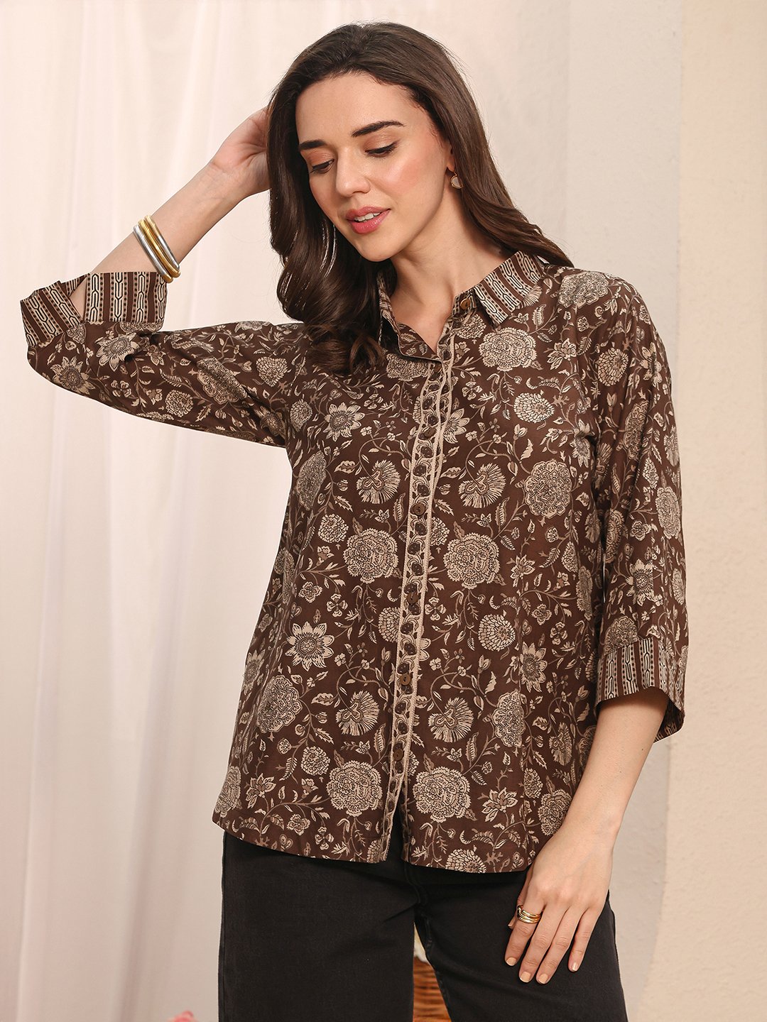 Brown Floral Print Regular Shirt
