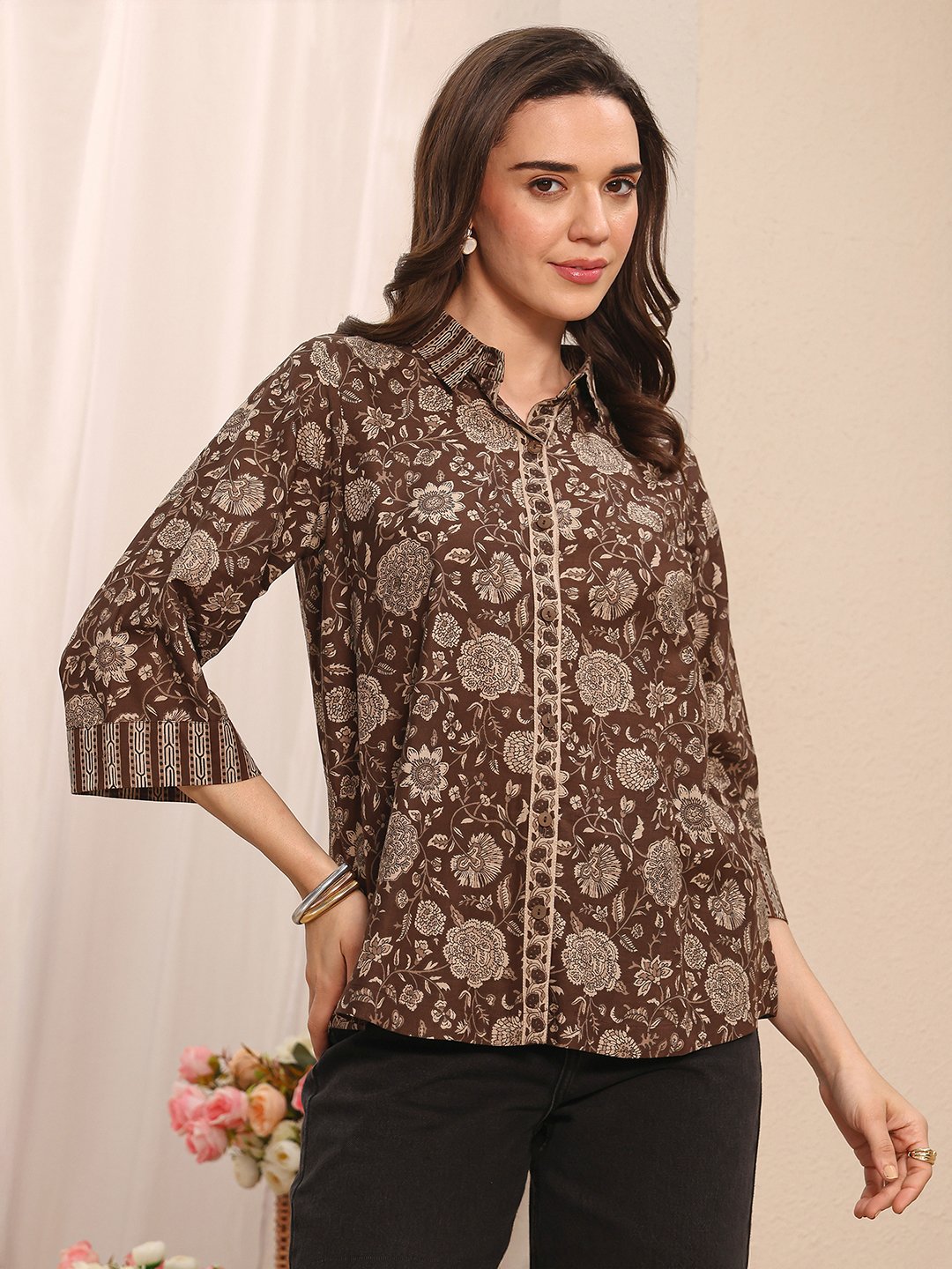Brown Floral Print Regular Shirt
