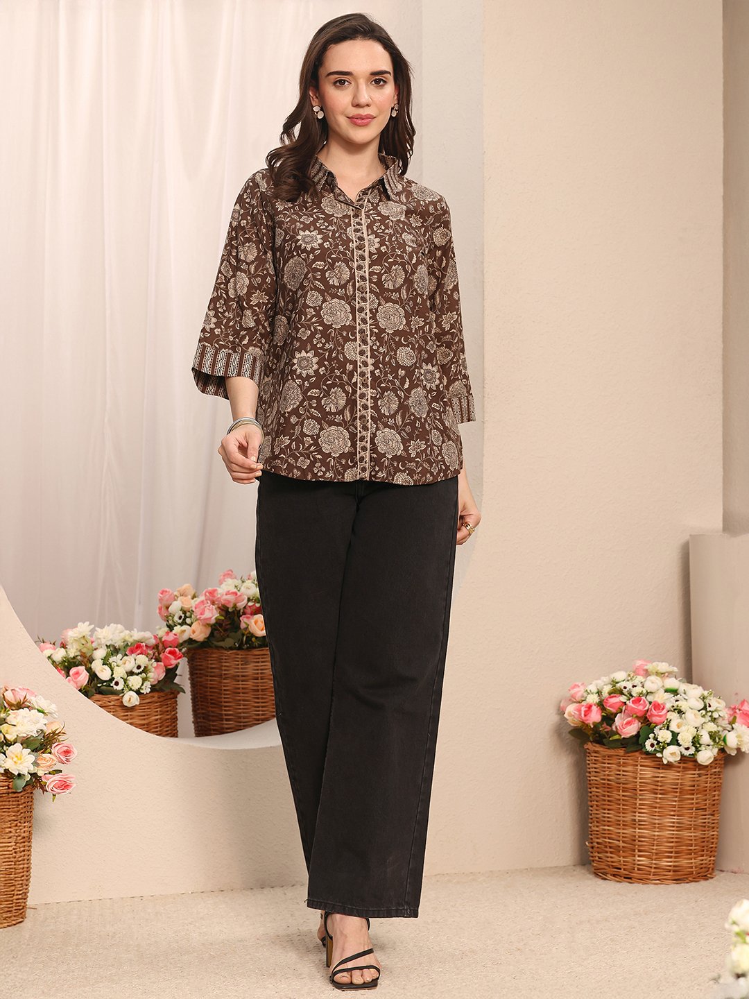 Brown Floral Print Regular Shirt