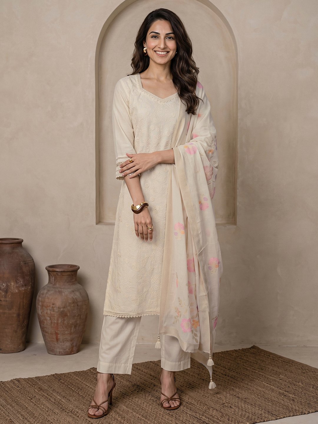 Off-White Embroidered Cotton Kurta Set with Dupatta