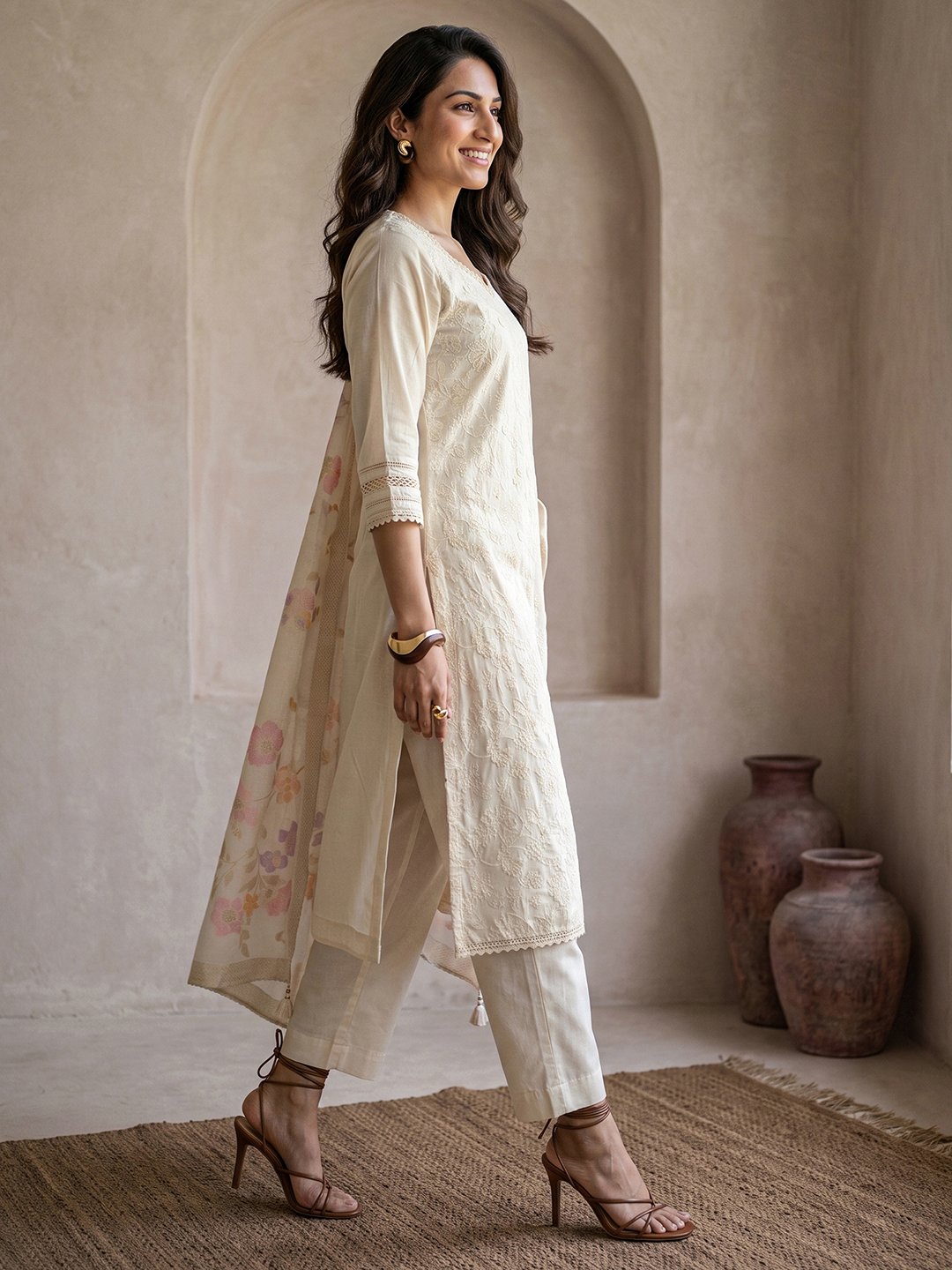 Off-White Embroidered Cotton Kurta Set with Dupatta