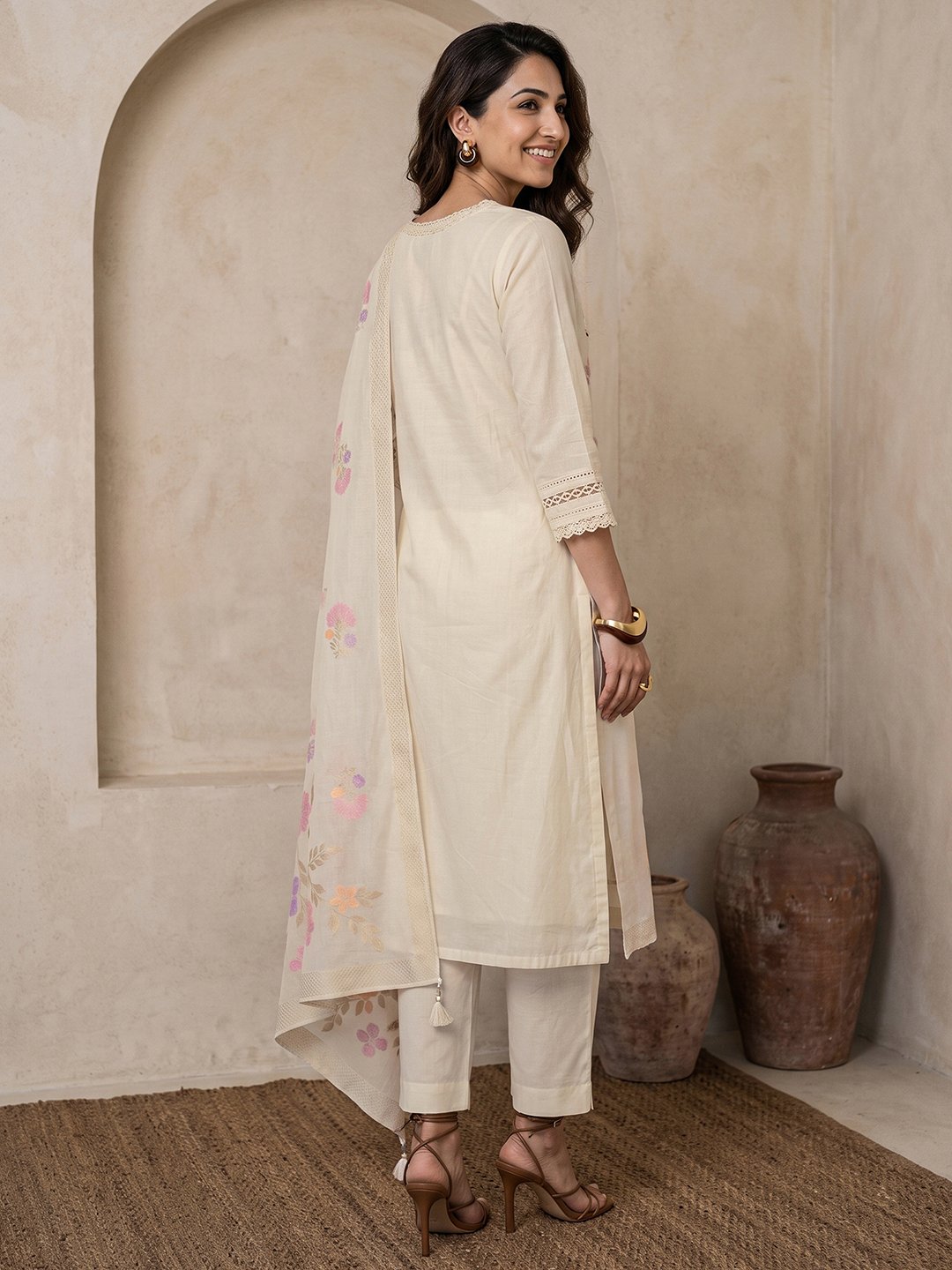 Off-White Embroidered Cotton Kurta Set with Dupatta