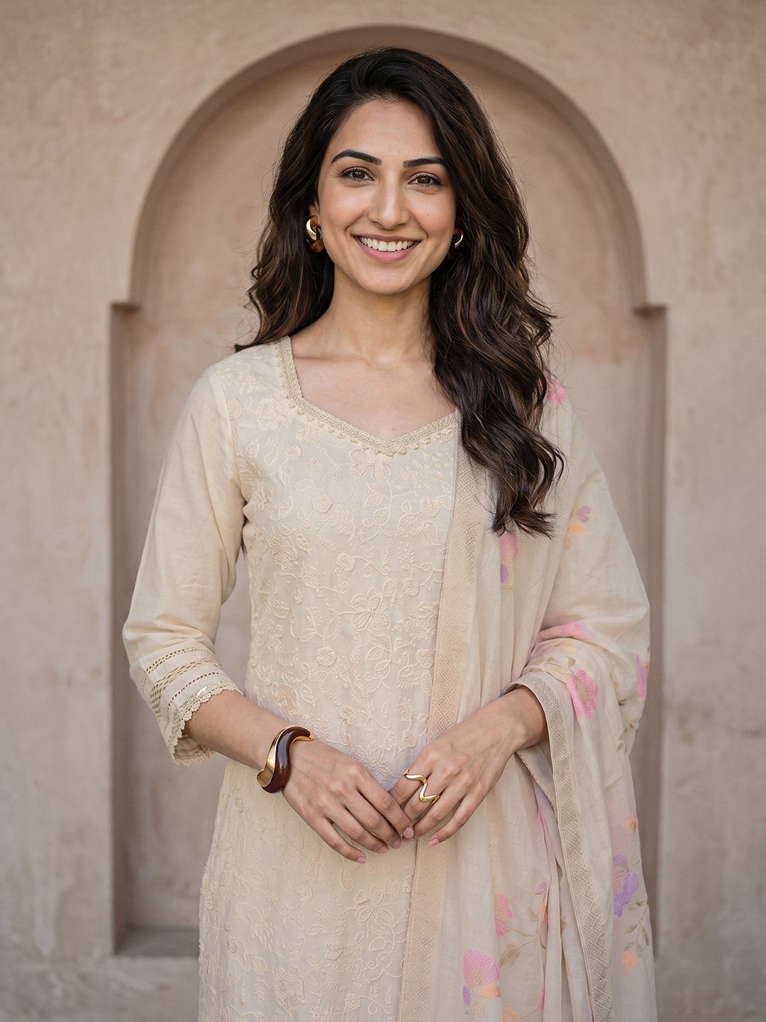 Off-White Embroidered Cotton Kurta Set with Dupatta