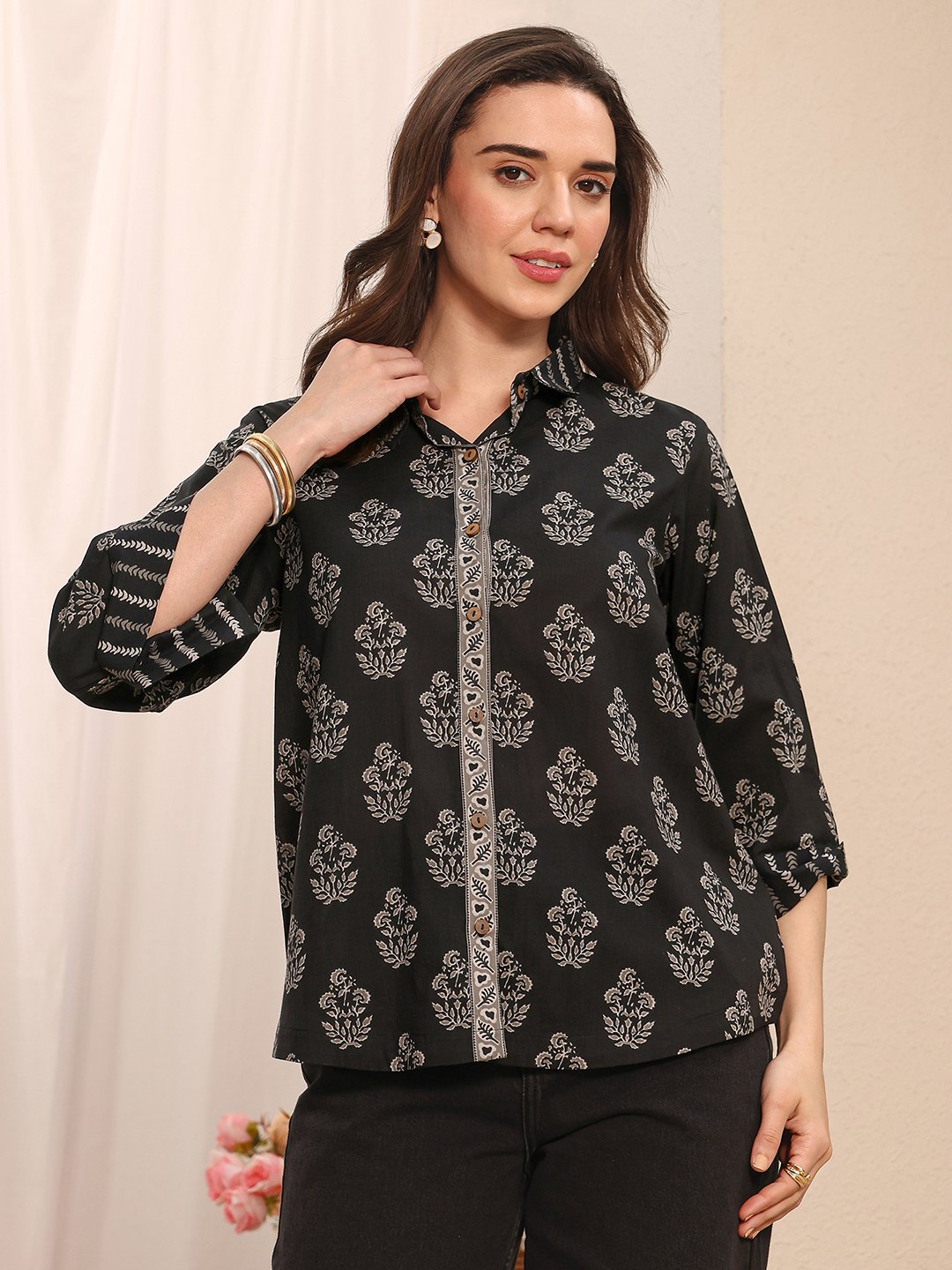 Black Floral Print Button-Down Shirt