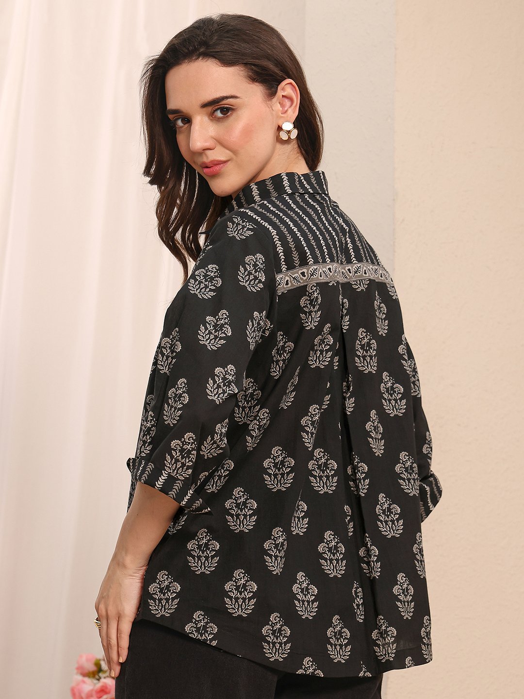 Black Floral Print Button-Down Shirt