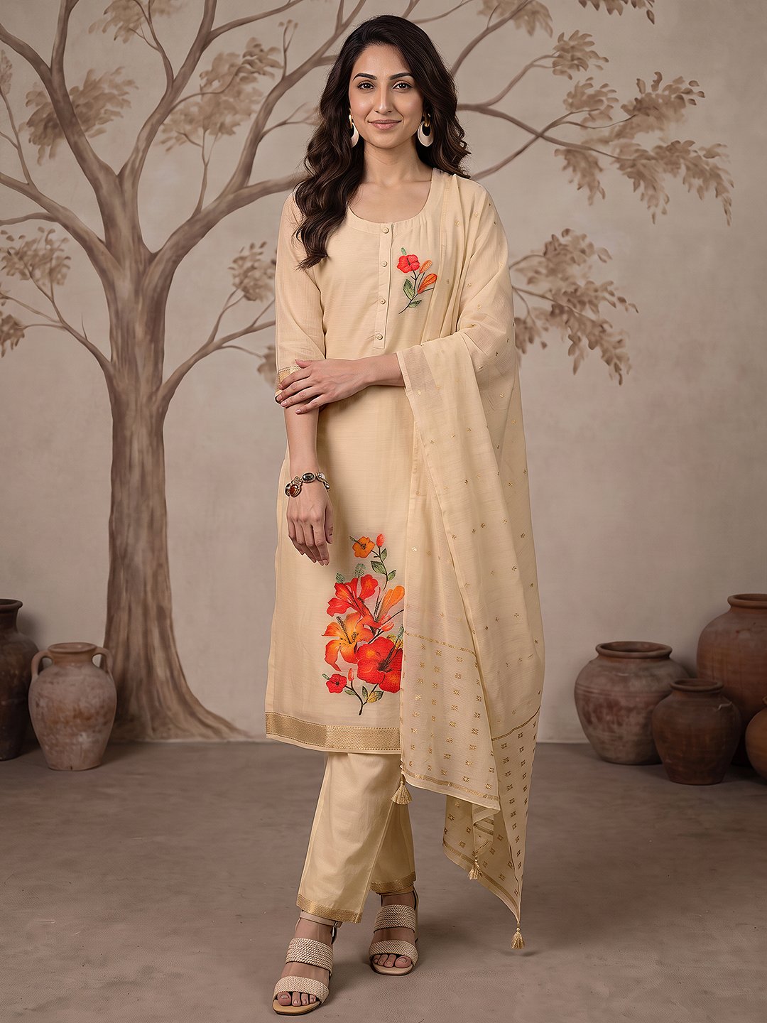 Beige Floral Kurta Set with Dupatta