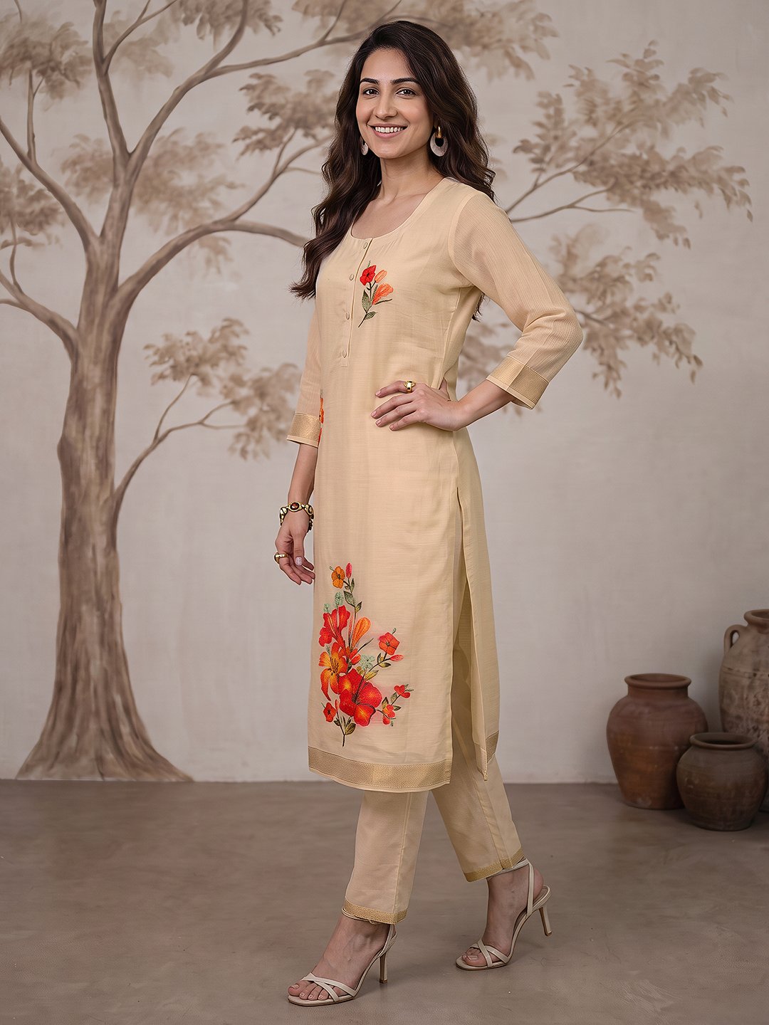 Beige Floral Kurta Set with Dupatta