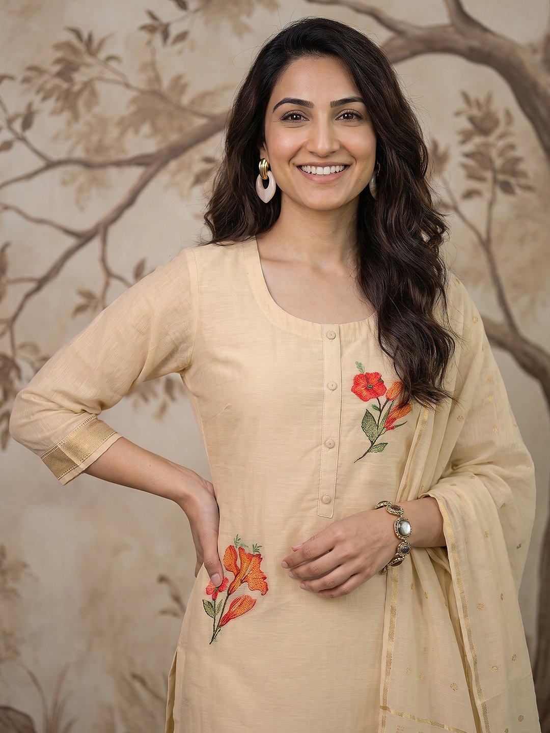 Beige Floral Kurta Set with Dupatta