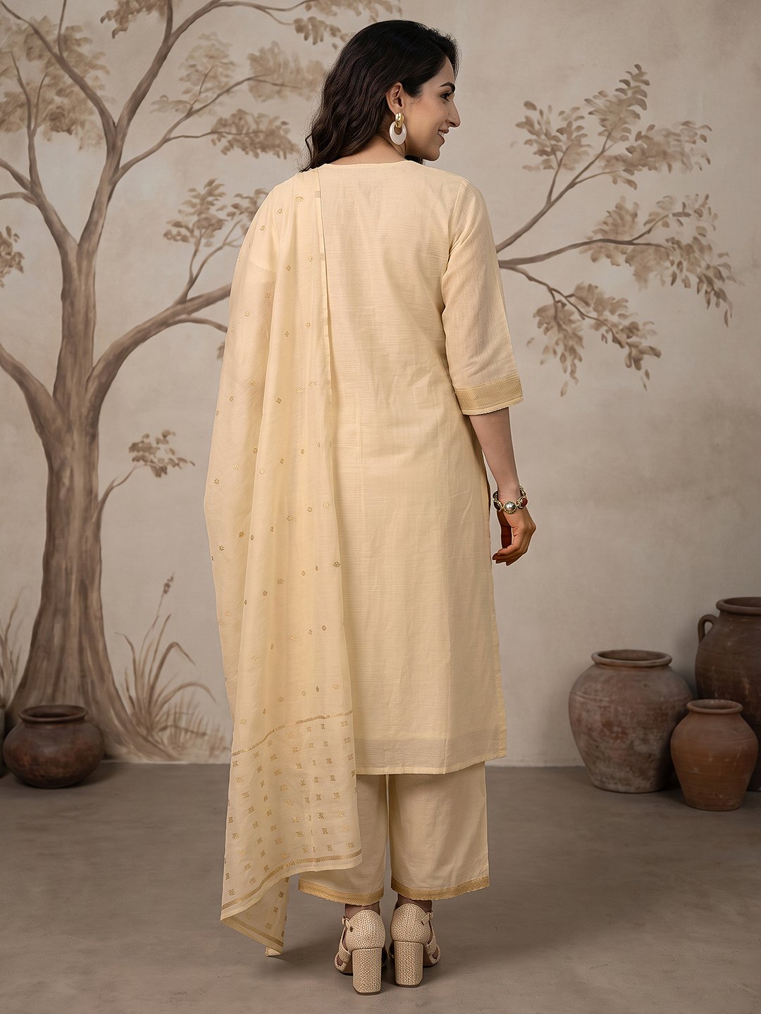 Beige Floral Kurta Set with Dupatta