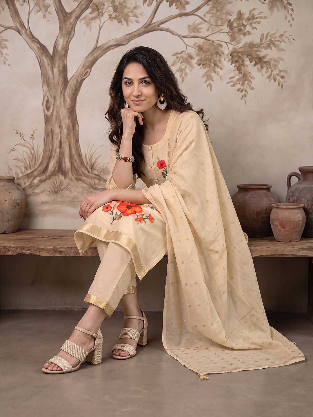 Beige Floral Kurta Set with Dupatta