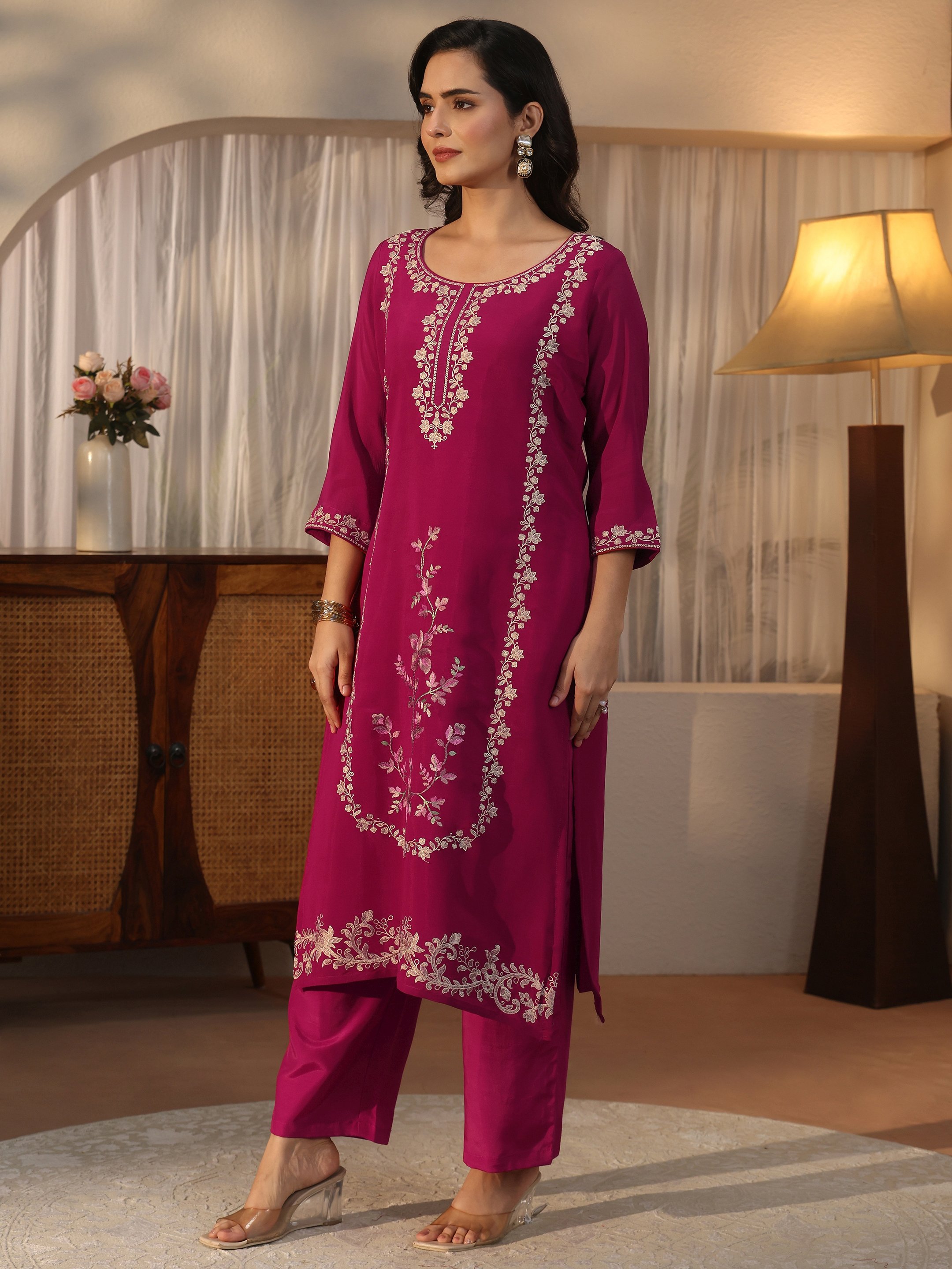 Pink Embroidered Silk Blend Kurta Set with Dupatta