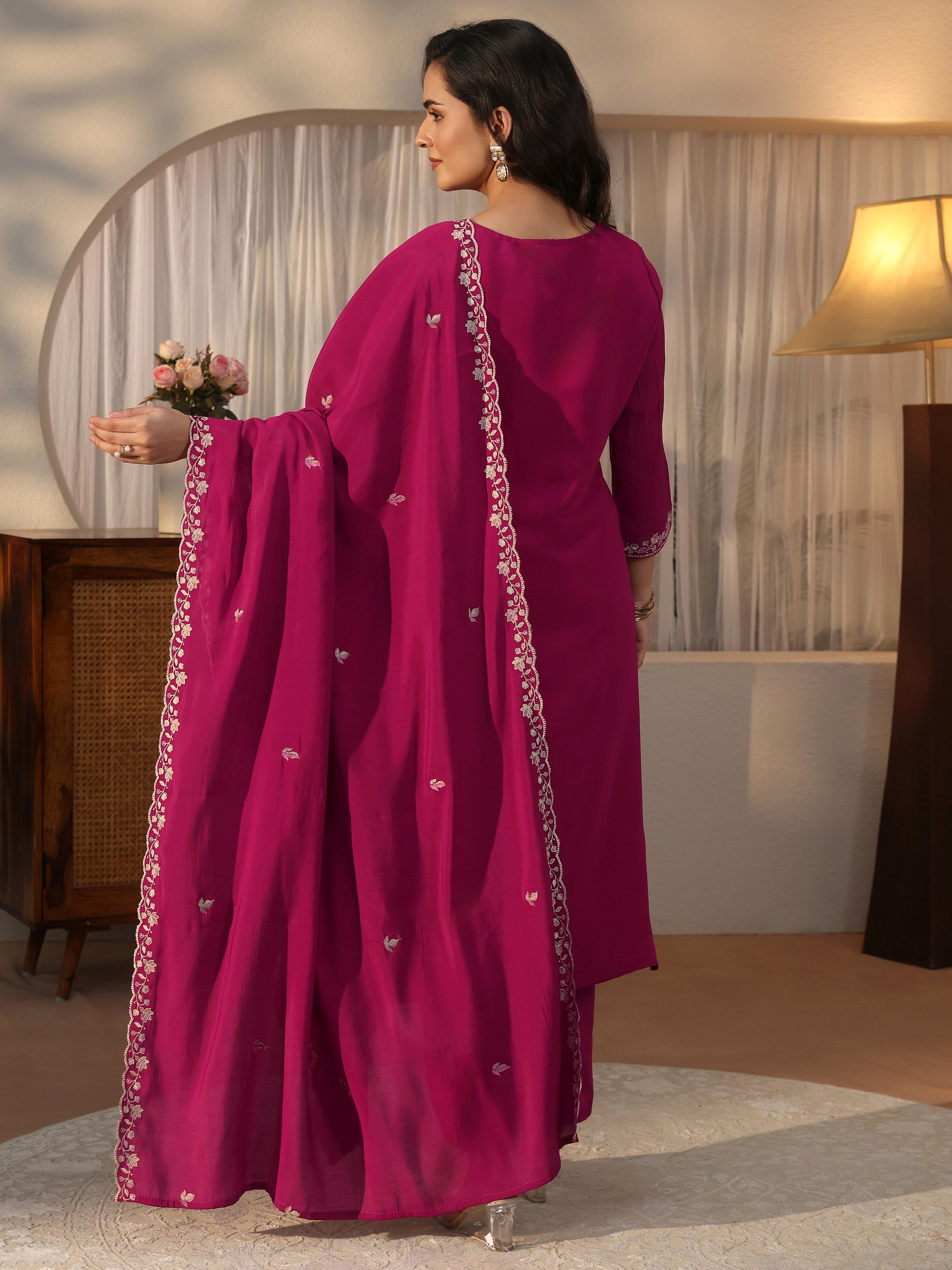 Pink Embroidered Silk Blend Kurta Set with Dupatta