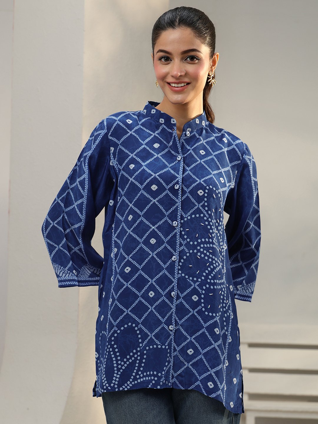 Indigo Bandhani Print 3/4 Sleeve Shirt